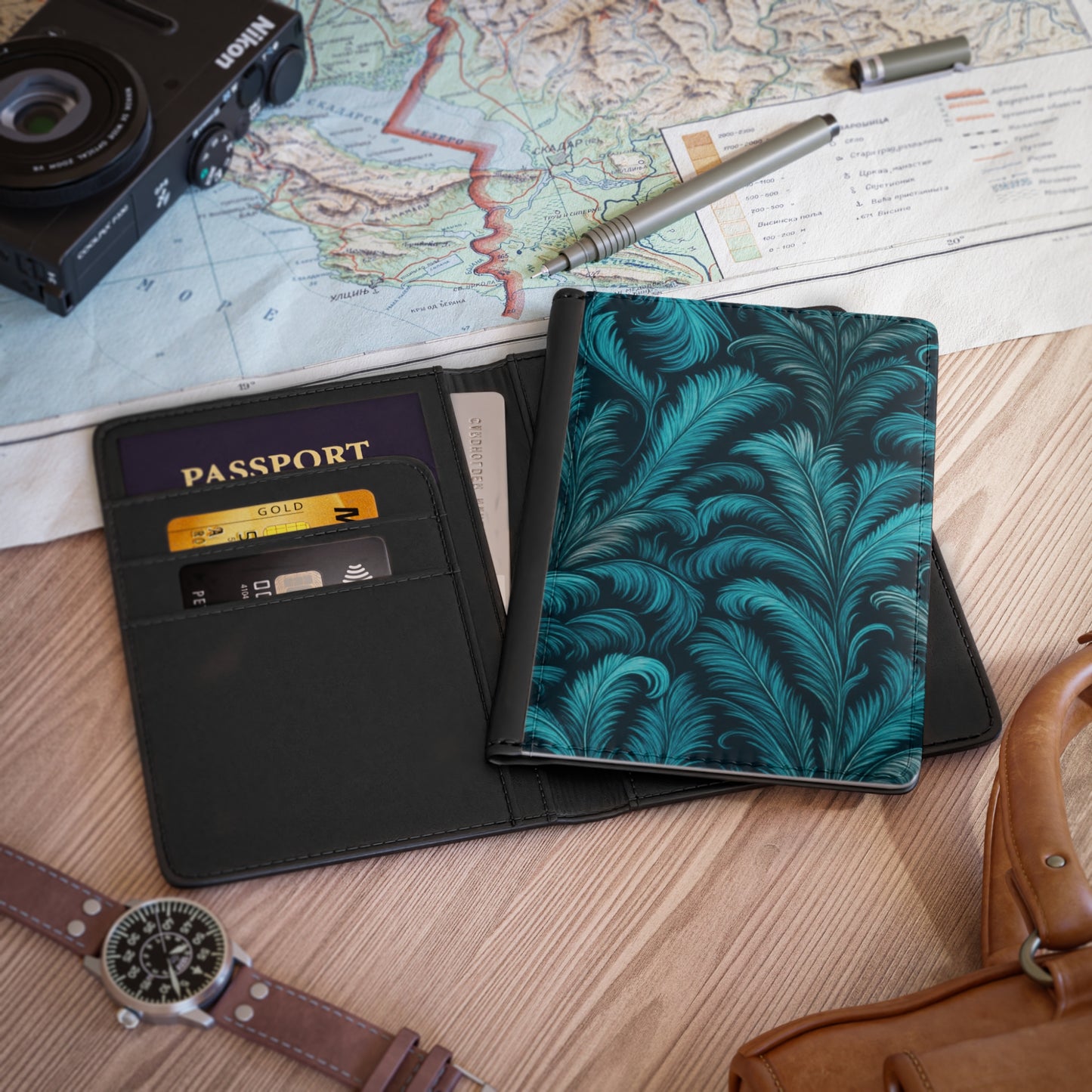 Tropical Passport Cover, Faux Leather - RFID blocking for travel security / Palms Rocco Turquoise
