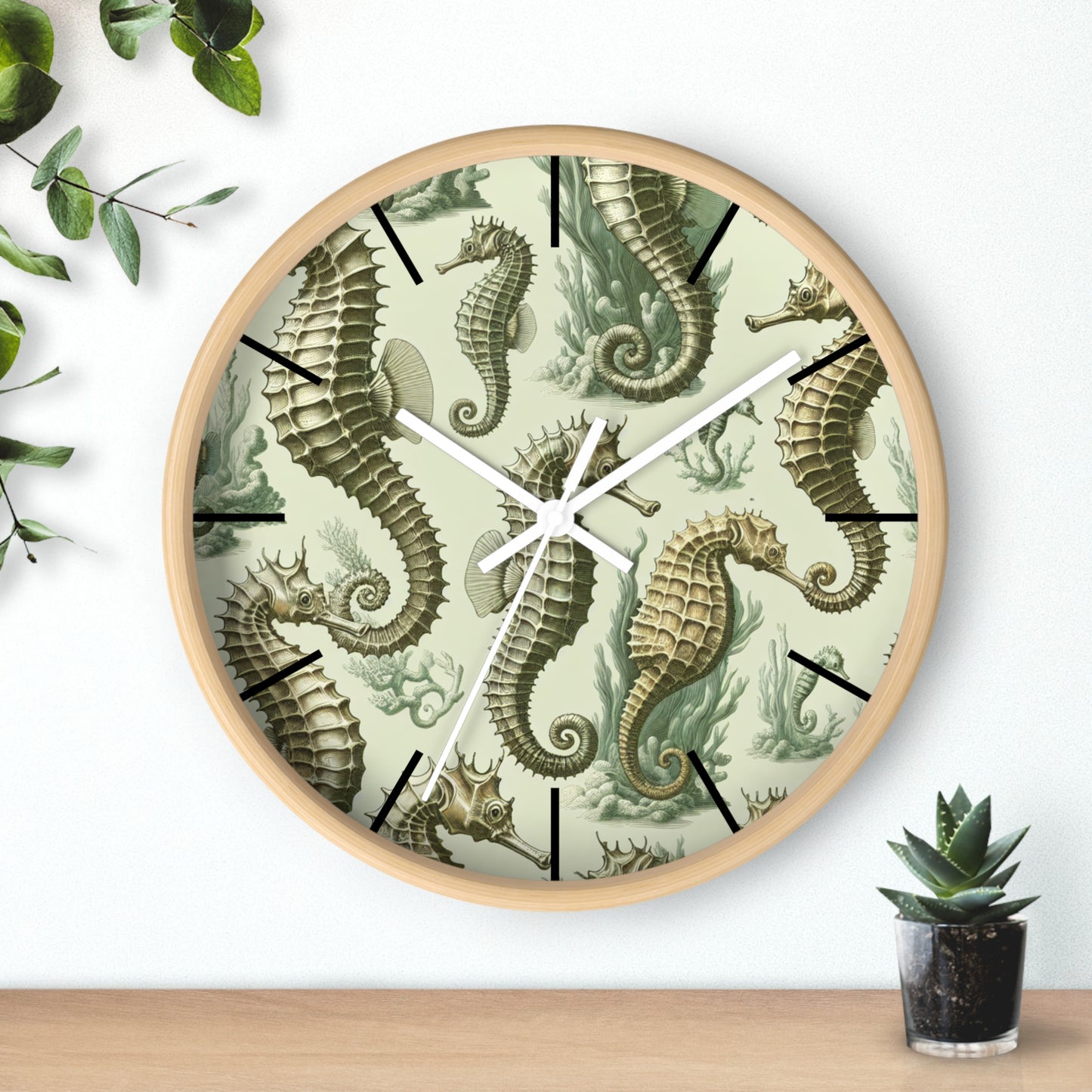 Wall Clock, Green Toile Seahorses, Black Separators