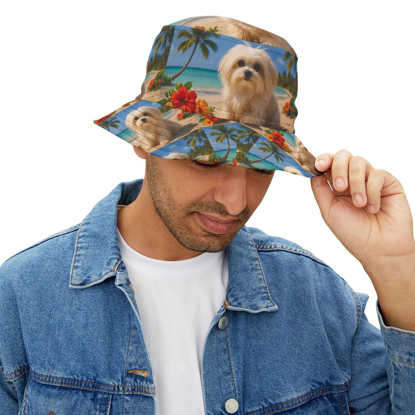 Tropical Polyester Bucket Hat, 2 Sizes - Puppy Ariel the Dog at the Beach