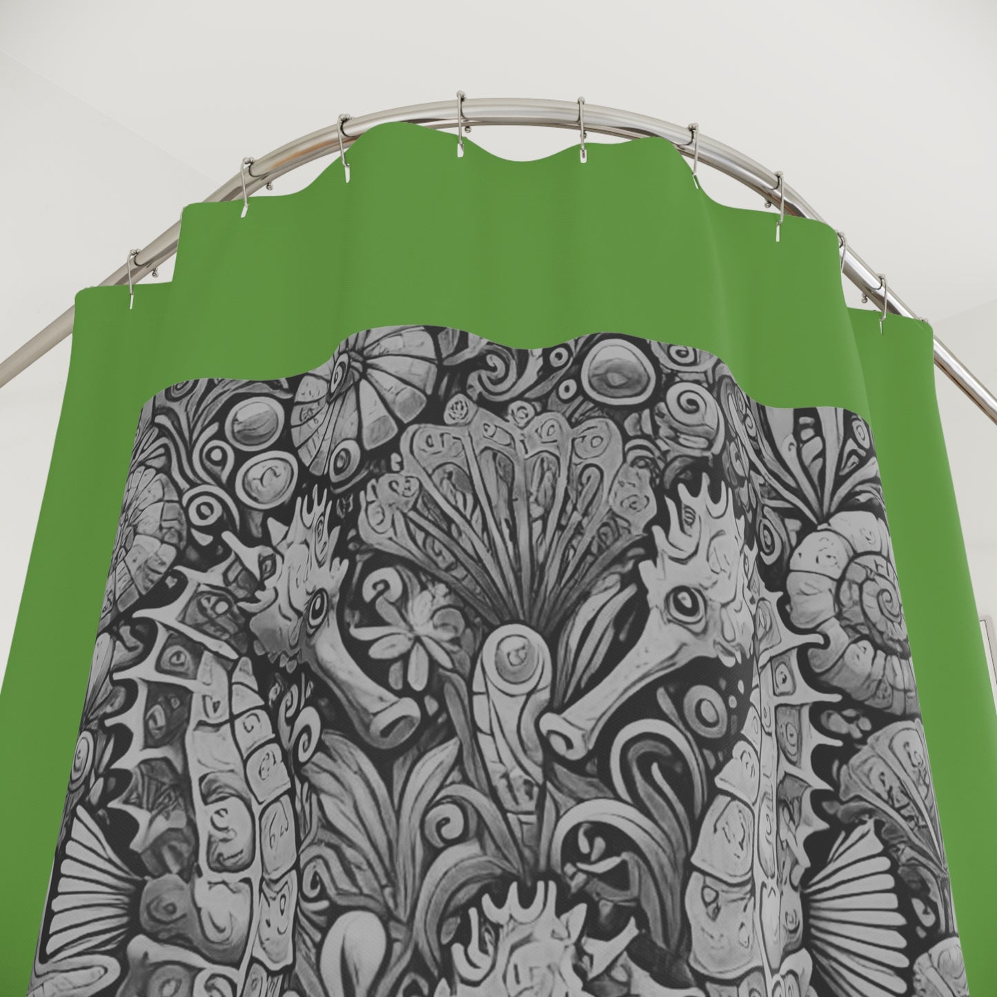 Tropical Shower Curtain - Ocean Bathroom Decor / Seahorse Trio Noir/Green