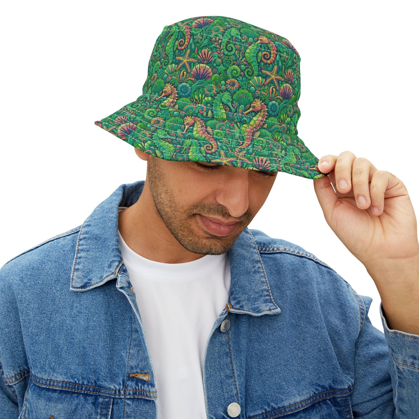 Tropical Polyester Bucket Hat, 2 Sizes - Seahorses Hot Lime