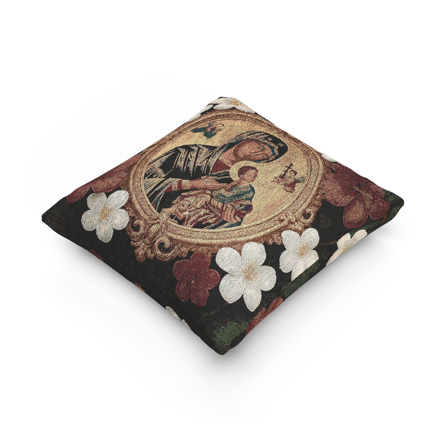 Religious Woven Pillow, 17"W x 18"L - Floral Maria and Child Design