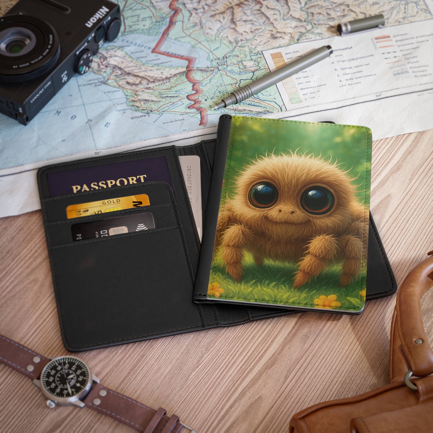 Tropical Passport Cover, Faux Leather - RFID blocking for travel security / Rainforest Baby Spider