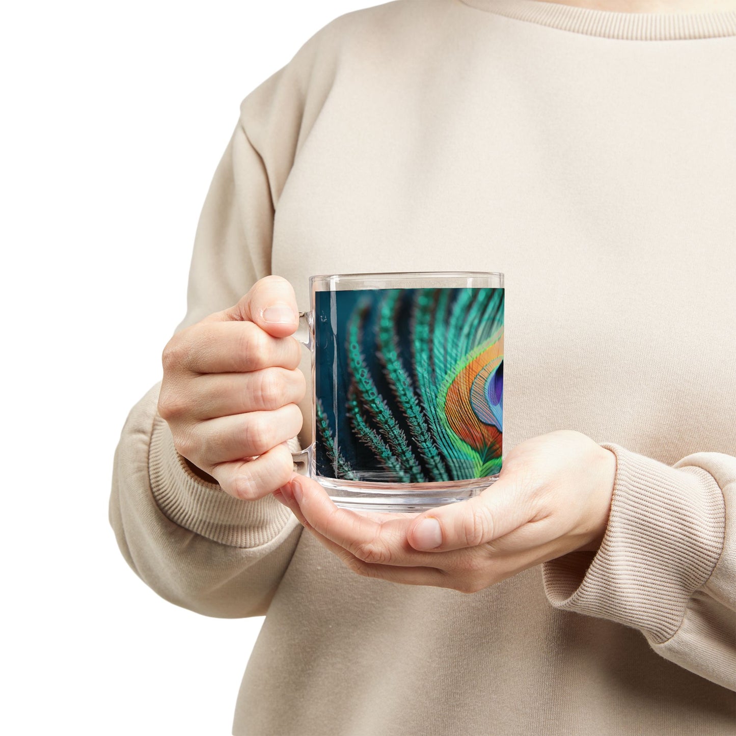 Tropical Glass Mug - 10oz Coffee Cup / Peacock Eye Feather, Turquoise