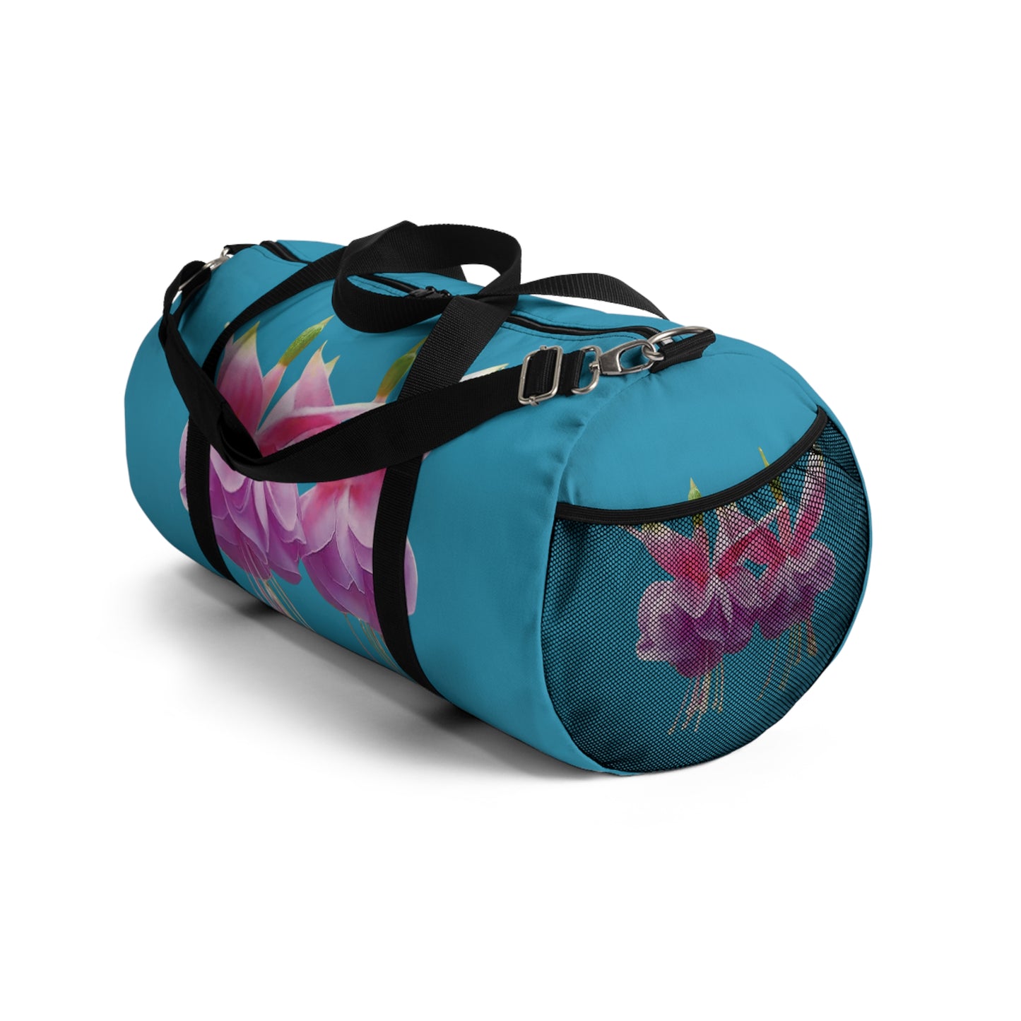 Tropical Flower Duffel Bag - Perfect for Travel and Gym / Two Pink Fuchsias, Turquoise