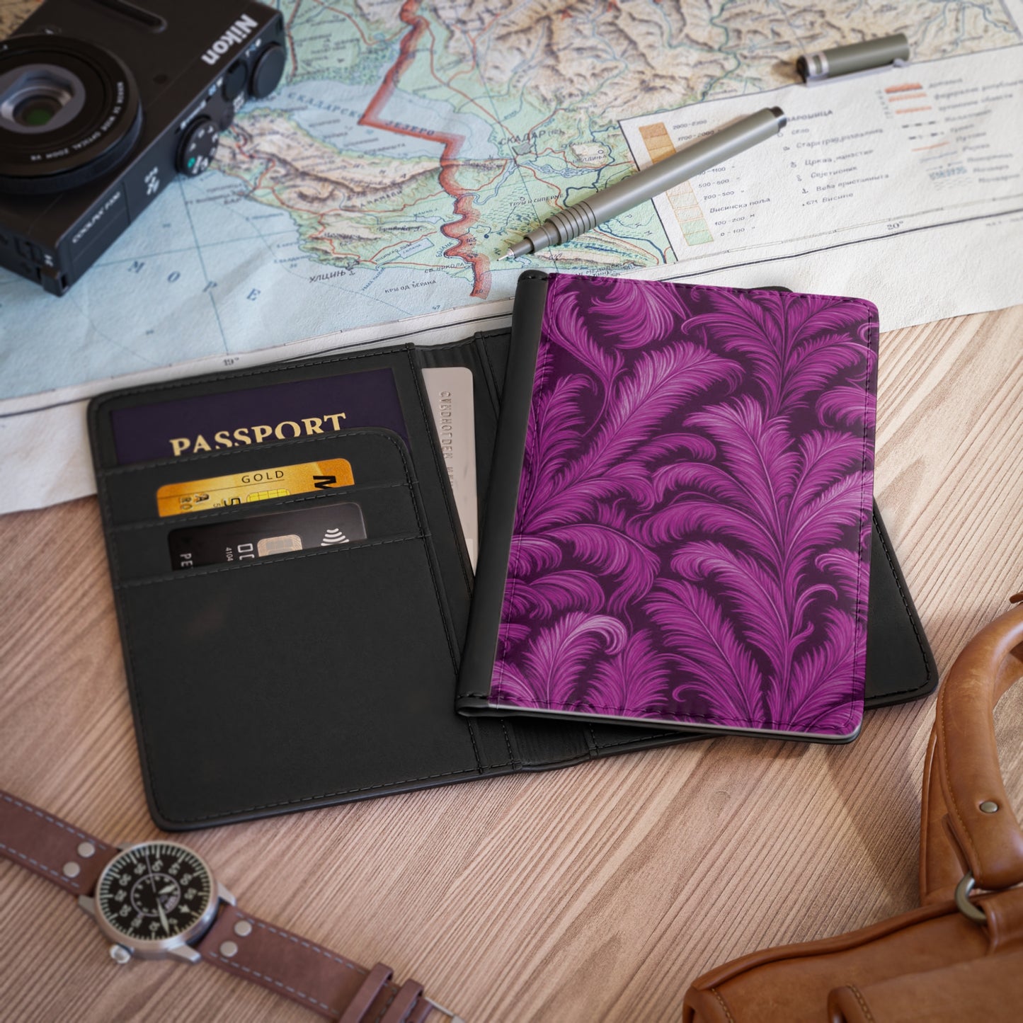 Tropical Passport Cover, Faux Leather - RFID blocking for travel security / Palms Rocco Hot Pink