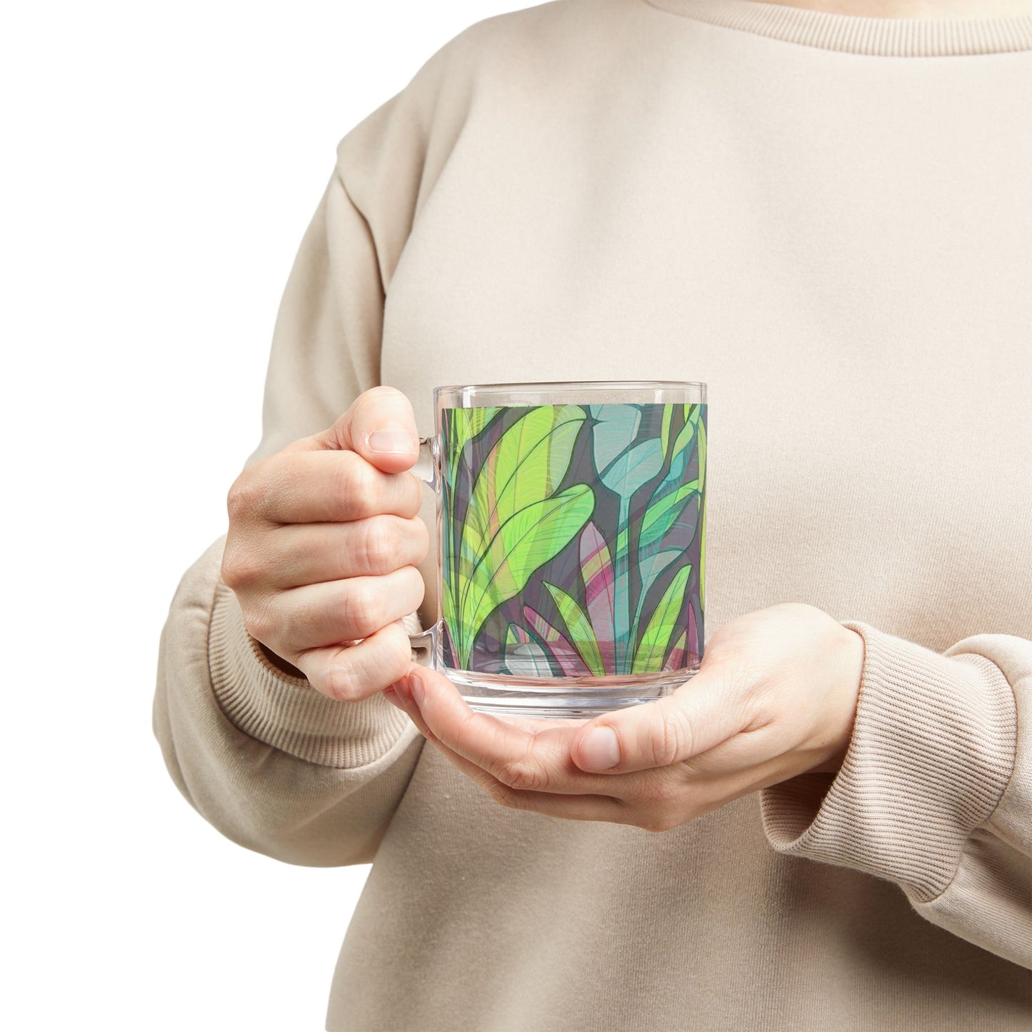 Tropical Glass Mug - 10oz Coffee Cup / Young Leaves