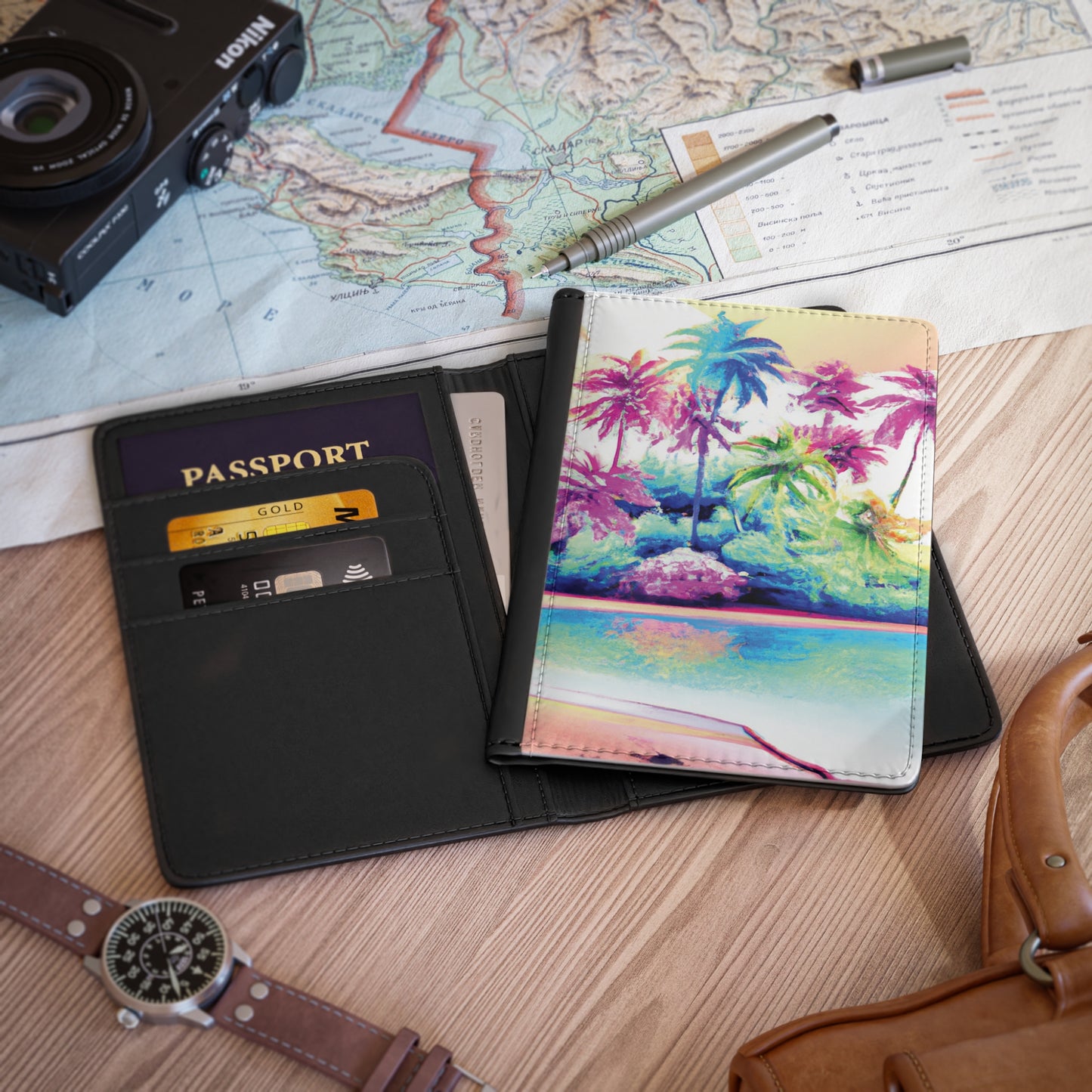 Tropical Passport Cover, Faux Leather - RFID blocking for travel security / Watercolor Beach