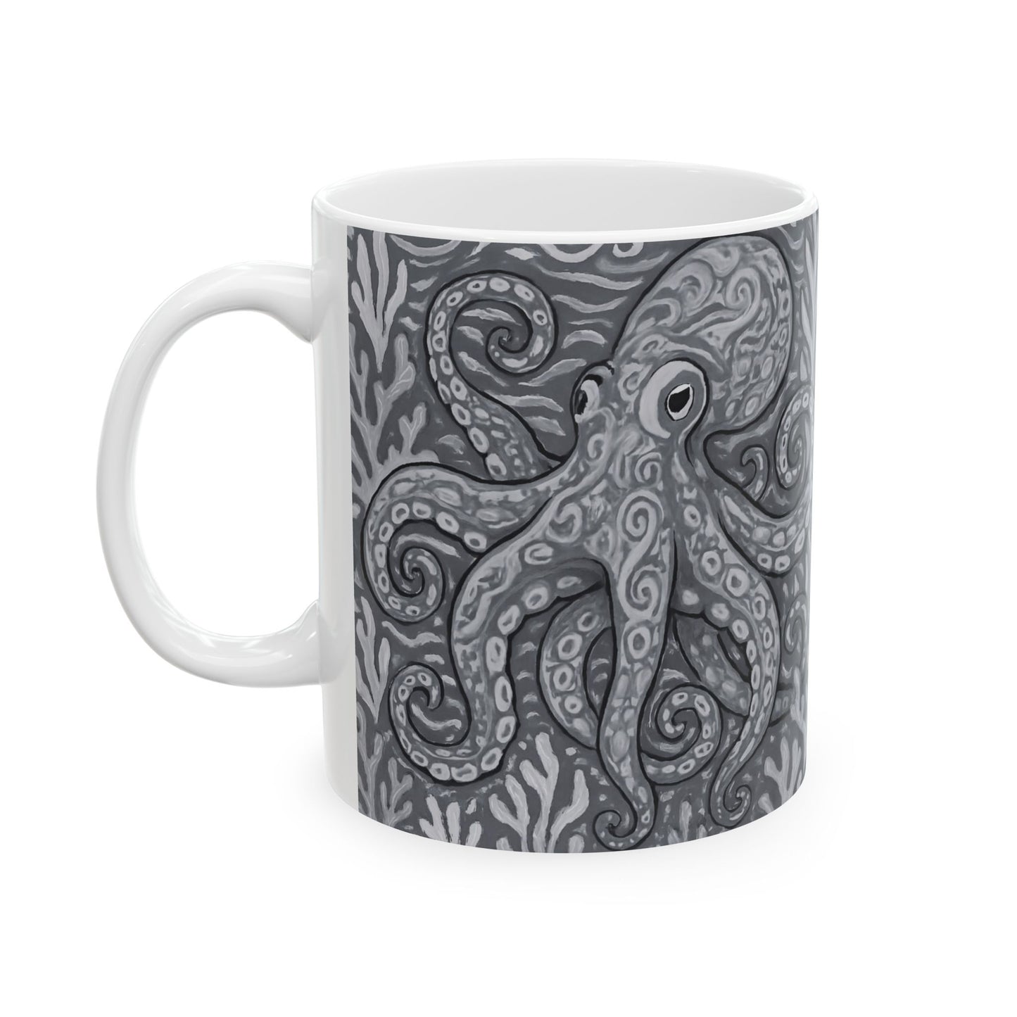 Ceramic White Mug - 11oz & 15oz, Noir Octopus Kraken Joe