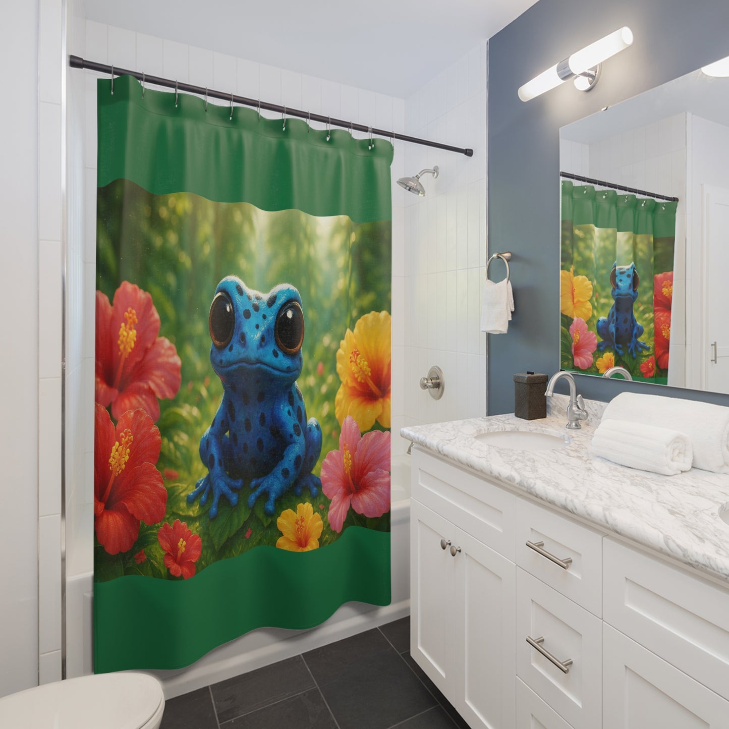 Tropical Shower Curtain - Rainforest Bathroom Decor / Baby Tree Frog/Dark Green