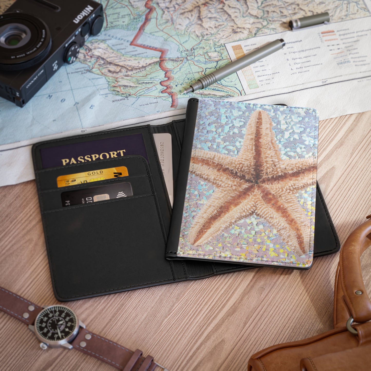 Tropical Passport Cover, Faux Leather - RFID blocking for travel security / Disco Starfish