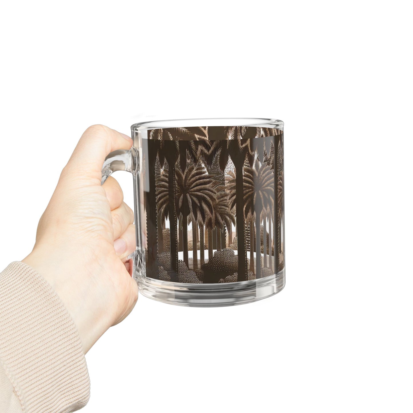 Tropical Glass Mug - 10oz Coffee Cup / Woodcut Palms