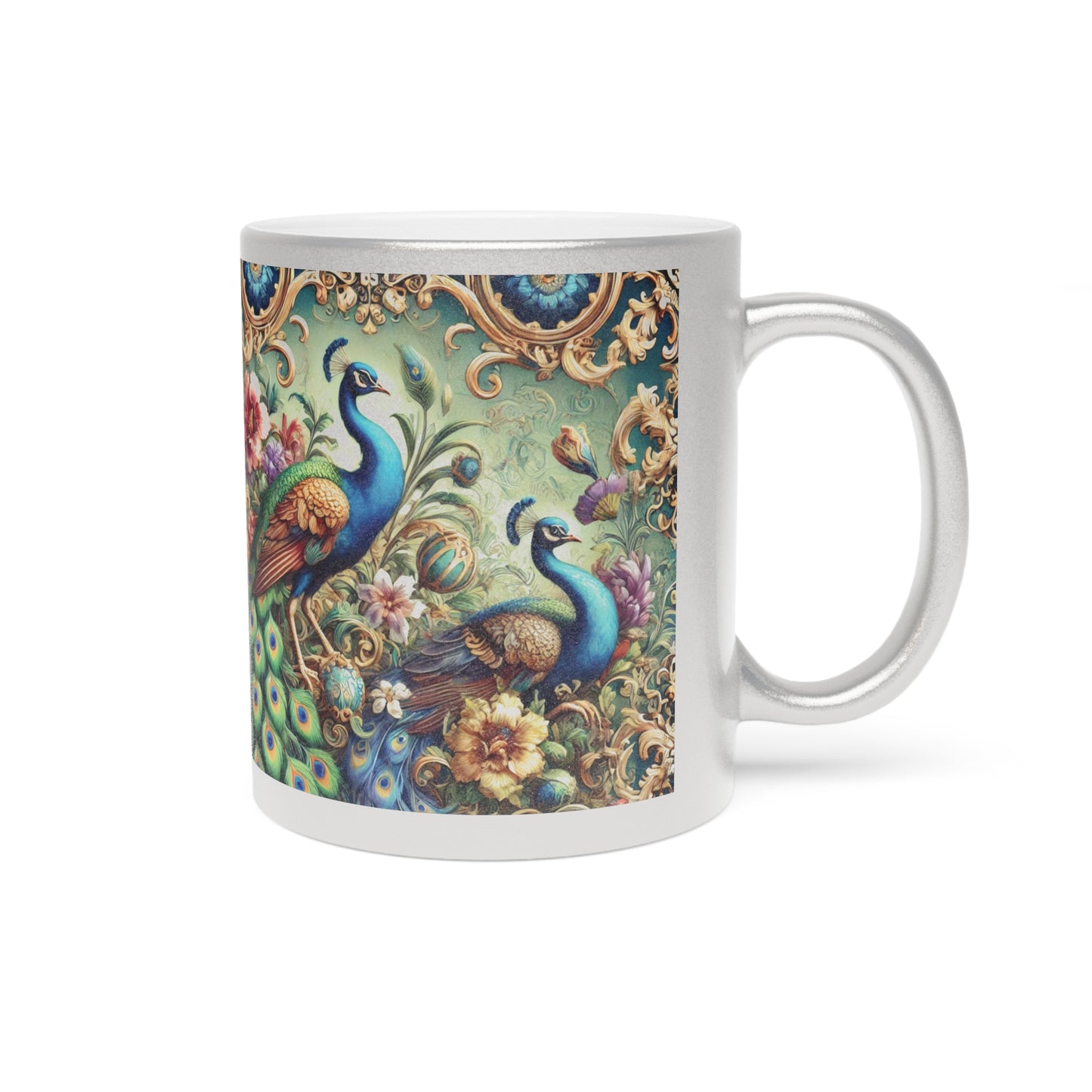 Tropical Metallic Mug, Gold or Silver - Kaleido Peacock Royals