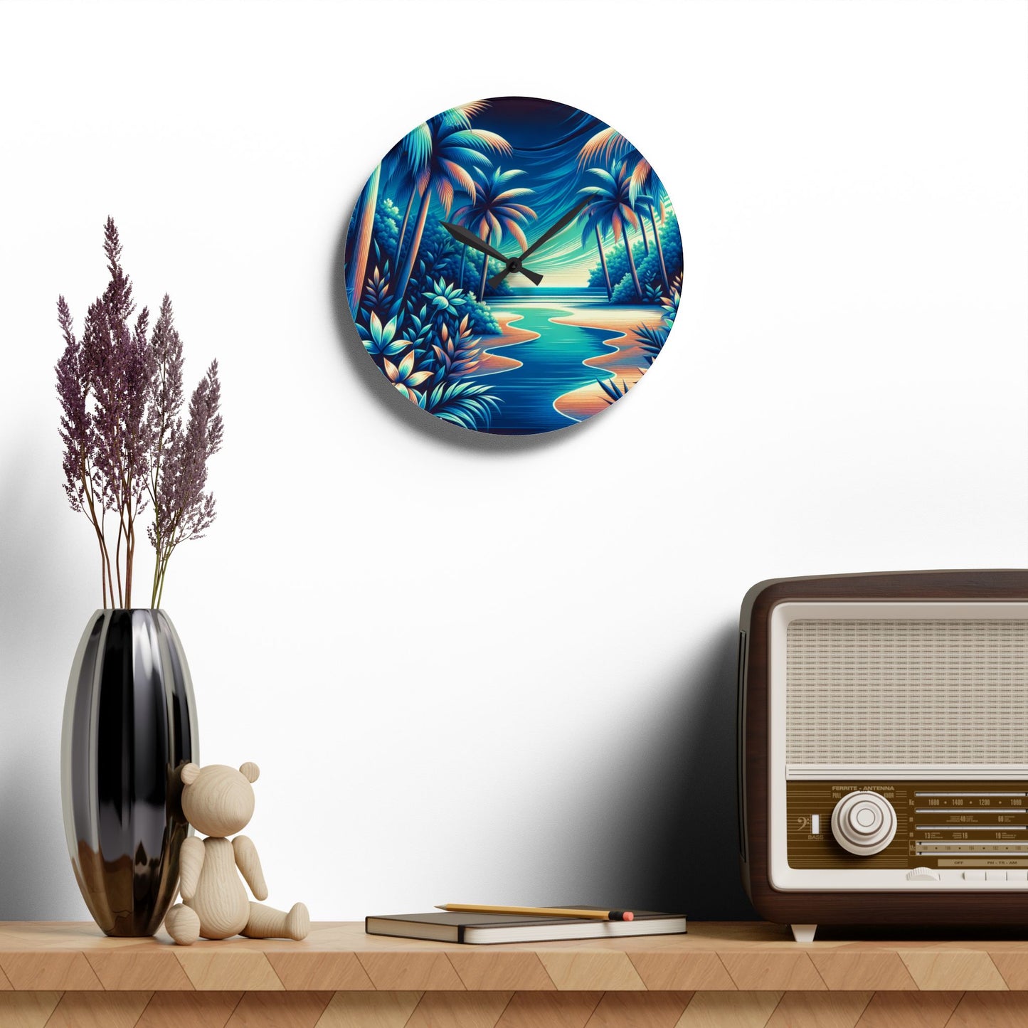 Acrylic Wall Clock, Neon Blues Beach