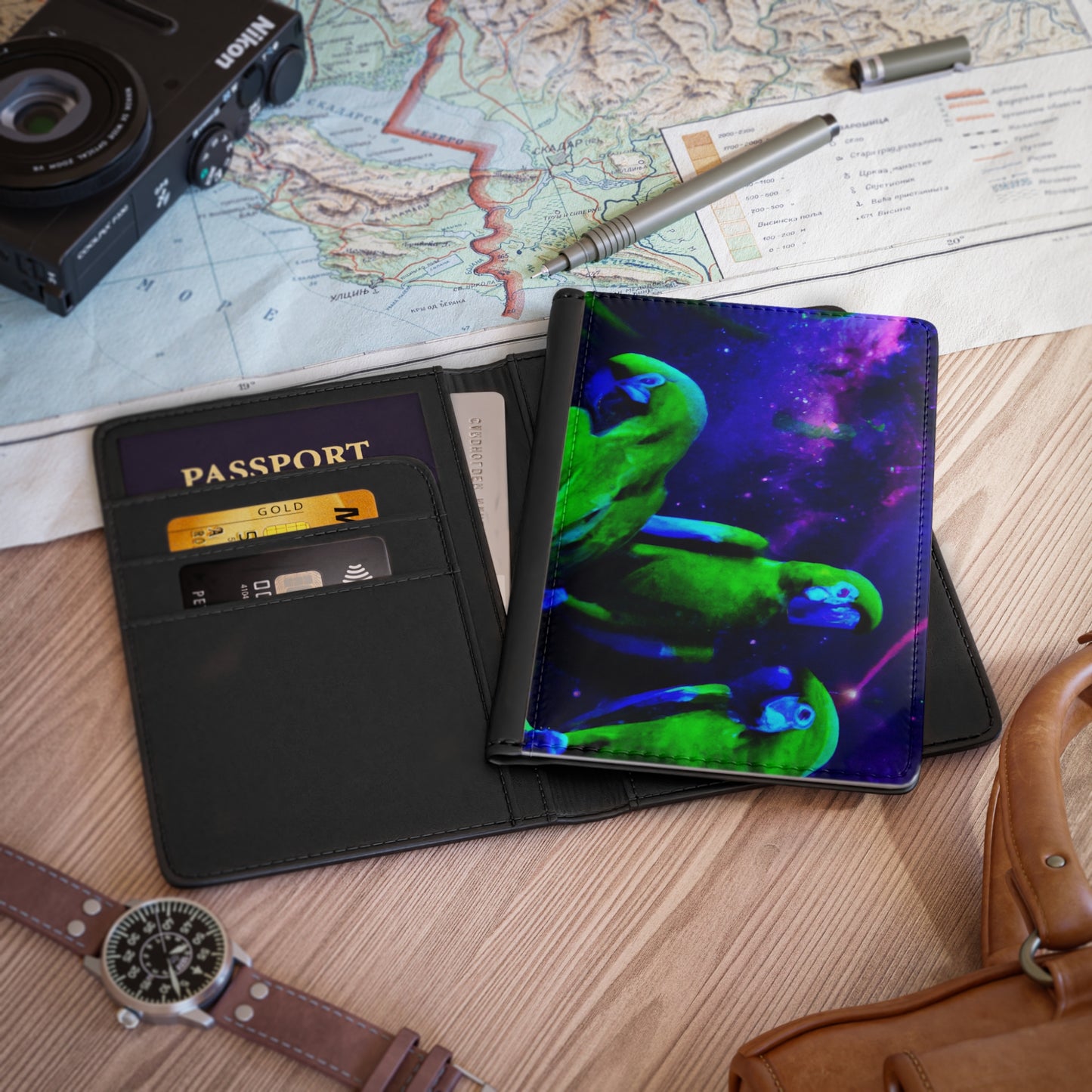Tropical Passport Cover, Faux Leather - RFID blocking for travel security / Galactic Parrots
