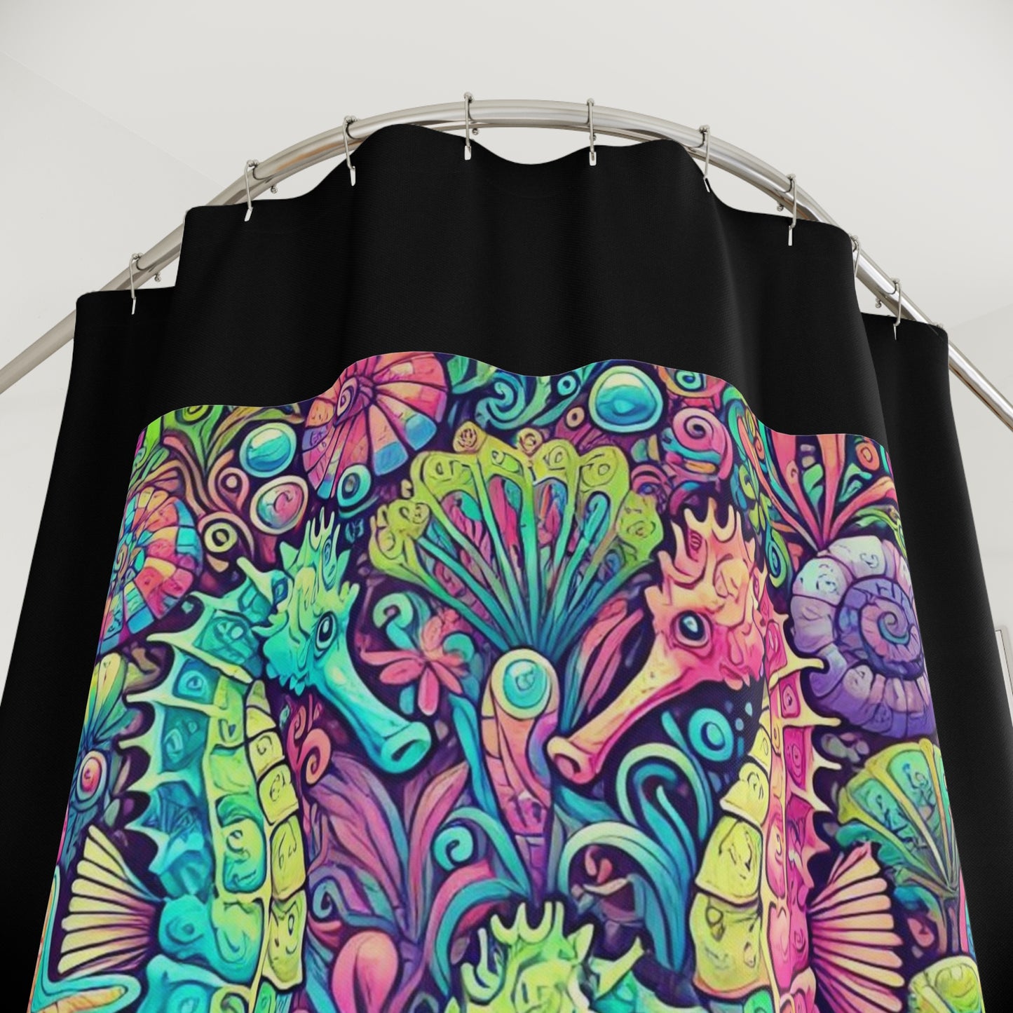Tropical Shower Curtain - Rainforest Bathroom Decor / Seahorse Trio/Black