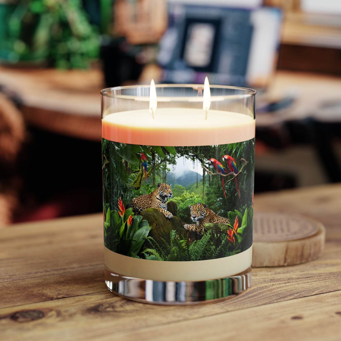 Jaguars and Parrots Scented Candle - 11oz Full Glass, Tropical Decor