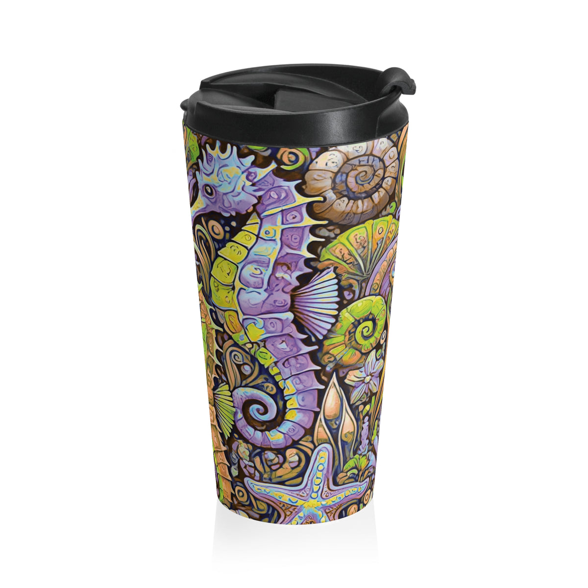 15 oz. Stainless Steel Travel Mug / Seahorse Trio, Purple & Yellow