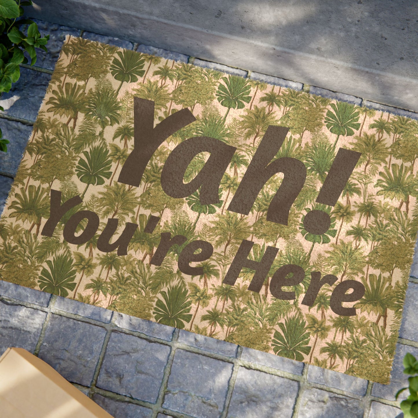 Tropical Palms Doormat - Vibrant Coconut Fiber Entrance Mat / "Yah! You're Here"