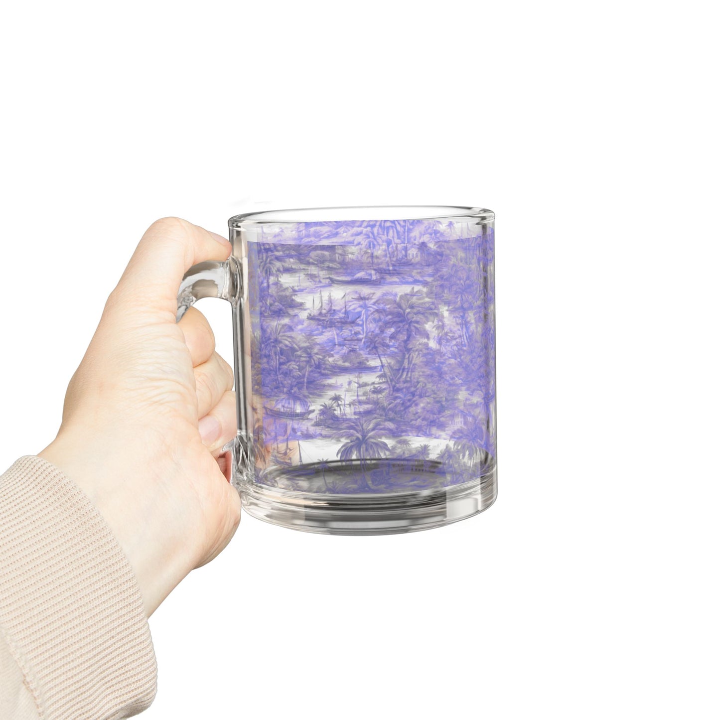 Tropical Glass Mug - 10oz Coffee Cup / Tropical Toile, Purple