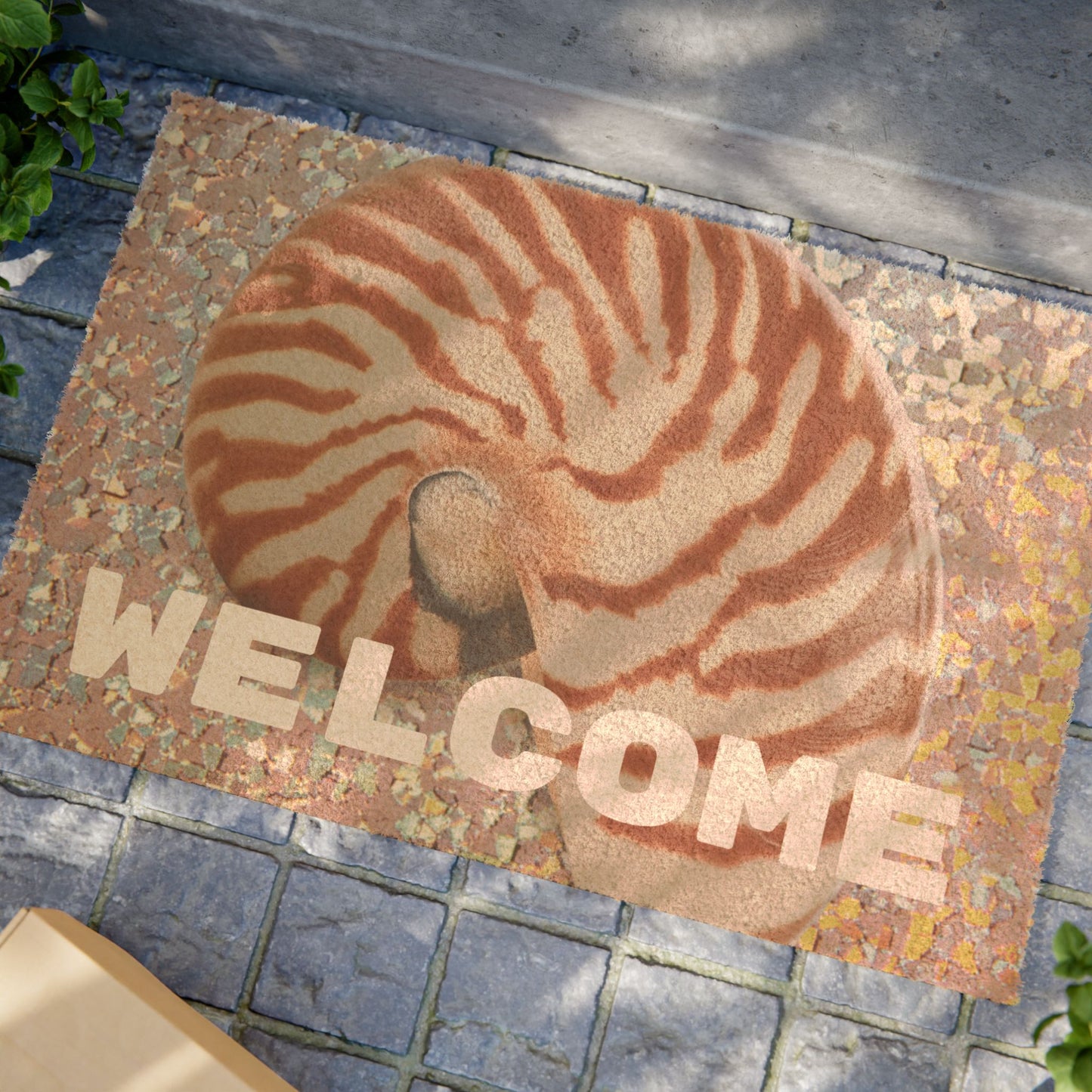 Tropical Shell Doormat - Vibrant Coconut Fiber Entrance Mat / WELCOME Disco Tiger Stripe Nautilus