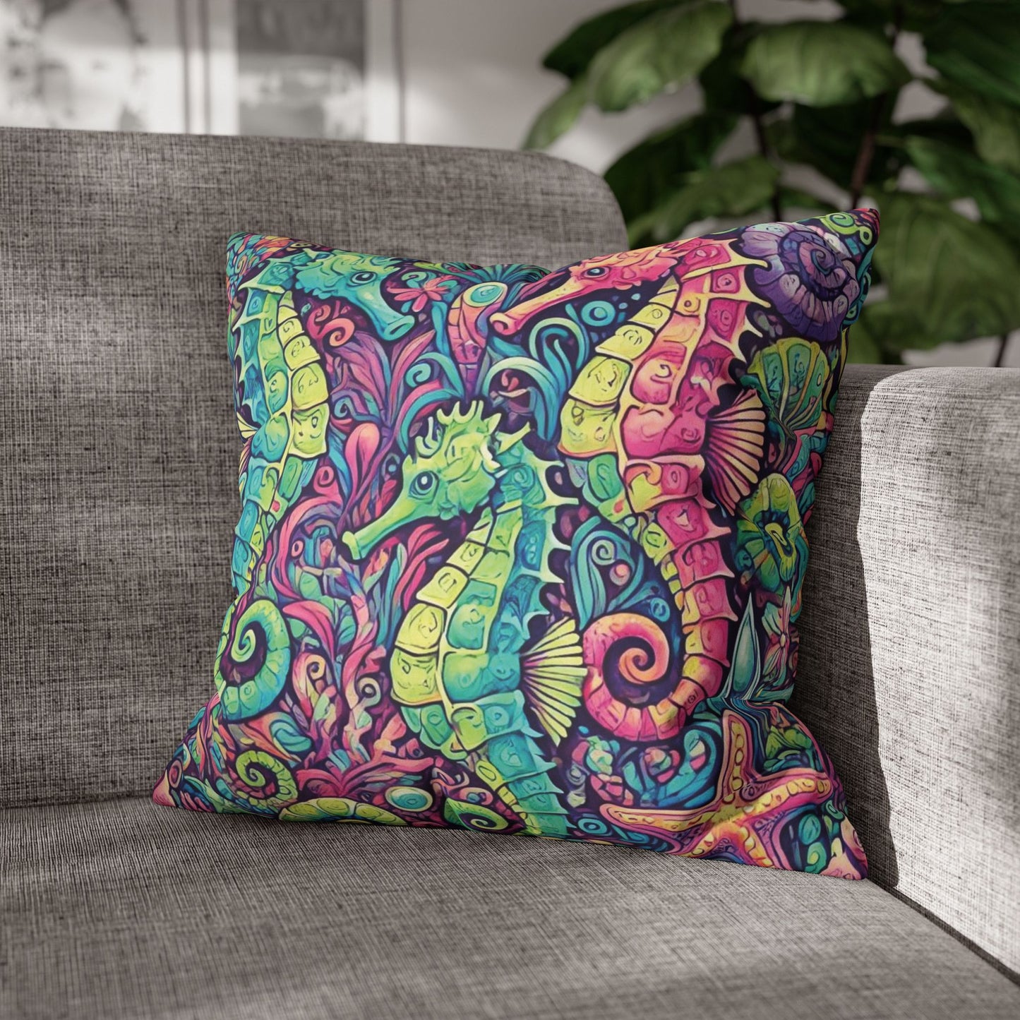 Faux Suede Square Pillowcase - Seahorse Trio