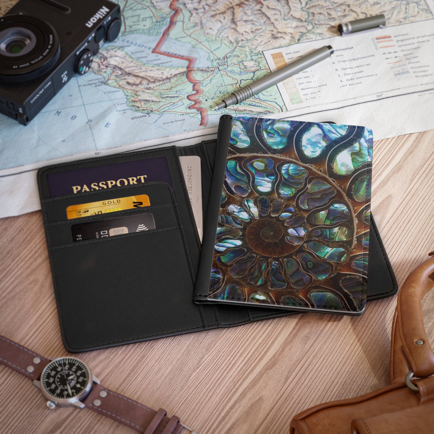 Tropical Passport Cover, Faux Leather - RFID blocking for travel security / Ammonite and Abalone