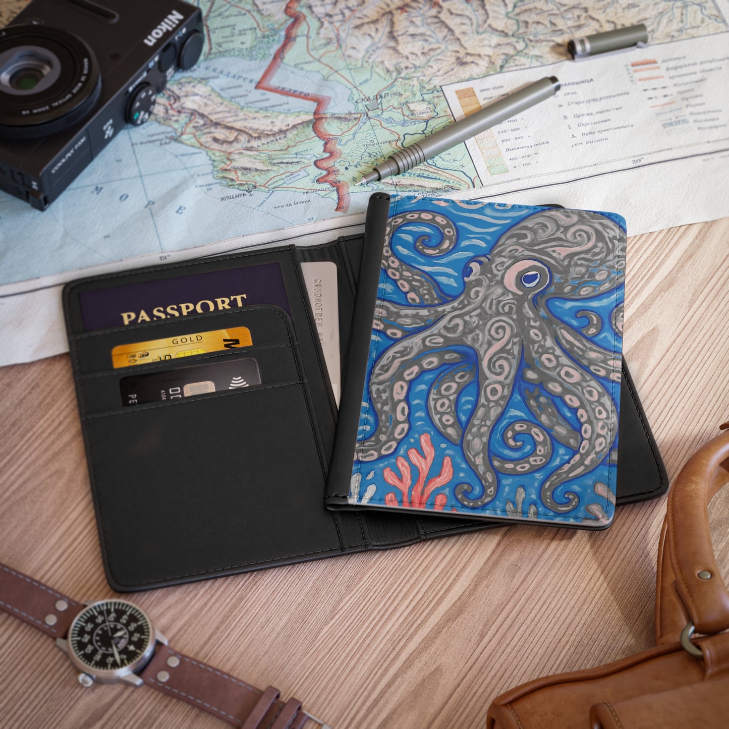 Tropical Passport Cover, Faux Leather - RFID blocking for travel security / Octopus Kraken Joe, Slate