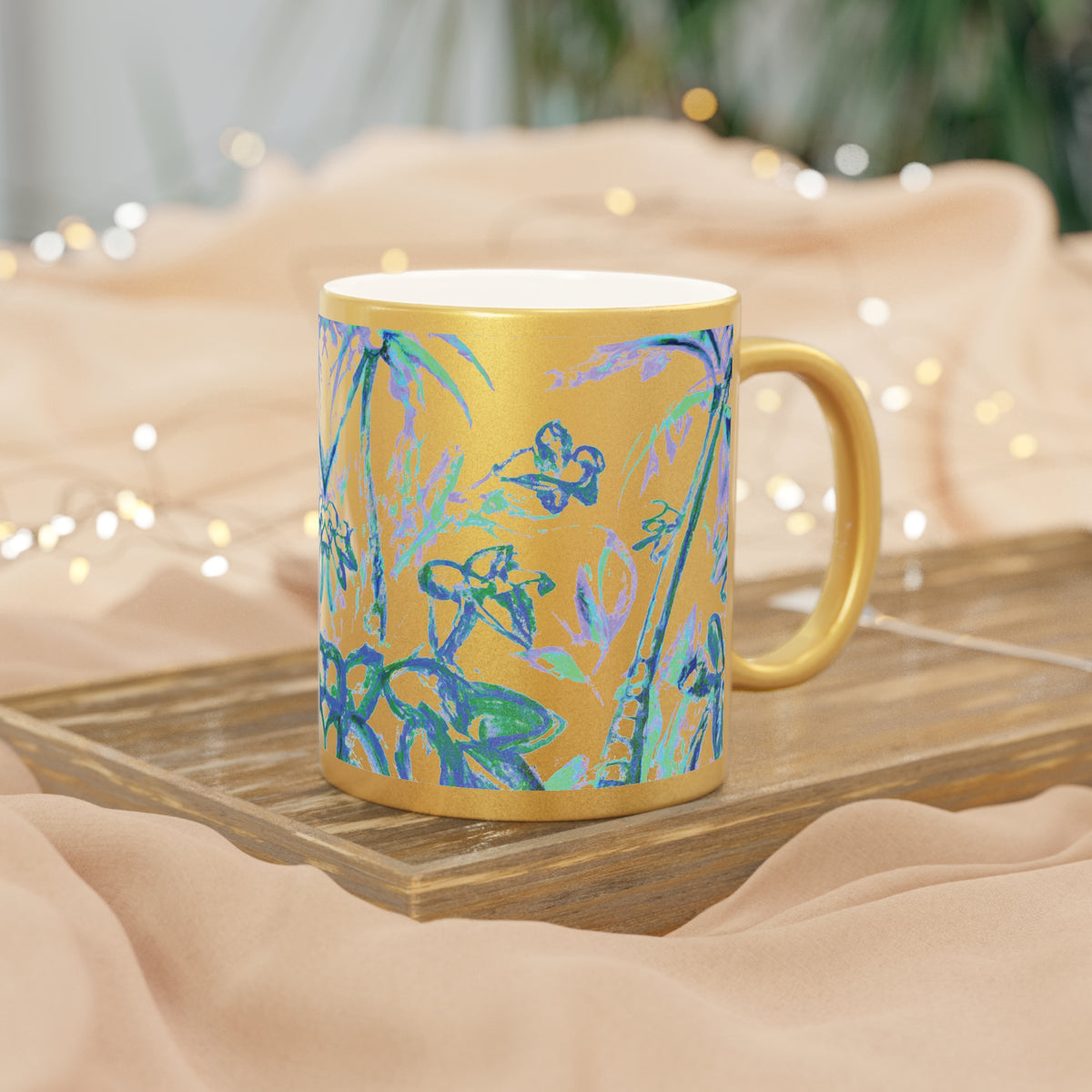 Tropical Metallic Mug, Gold or Silver - Tropical Doodles, Lilac