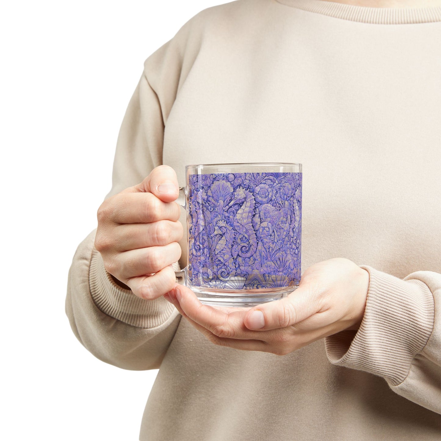 Tropical Glass Mug - 10oz Coffee Cup / Seahorses, Amethyst