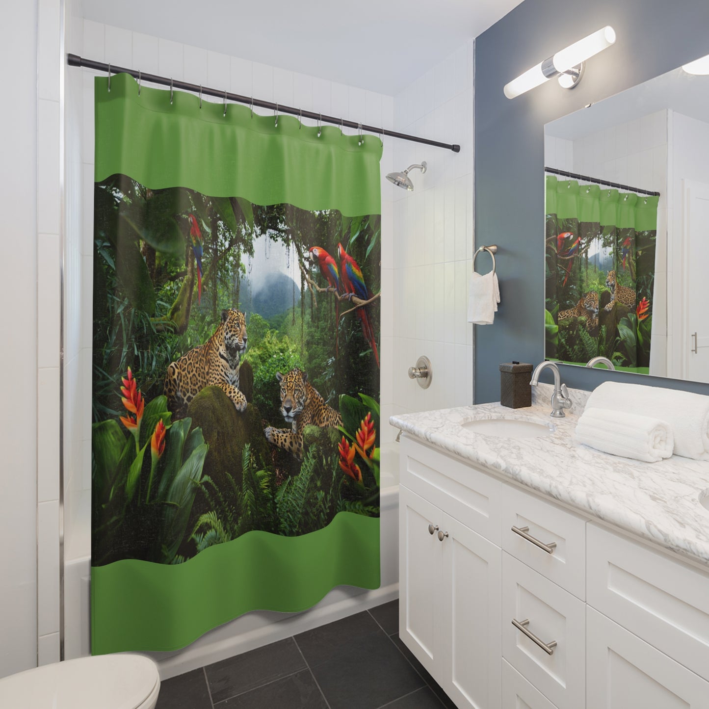 Tropical Shower Curtain - Rainforest Bathroom Decor / Jaguars and Parrots/Green