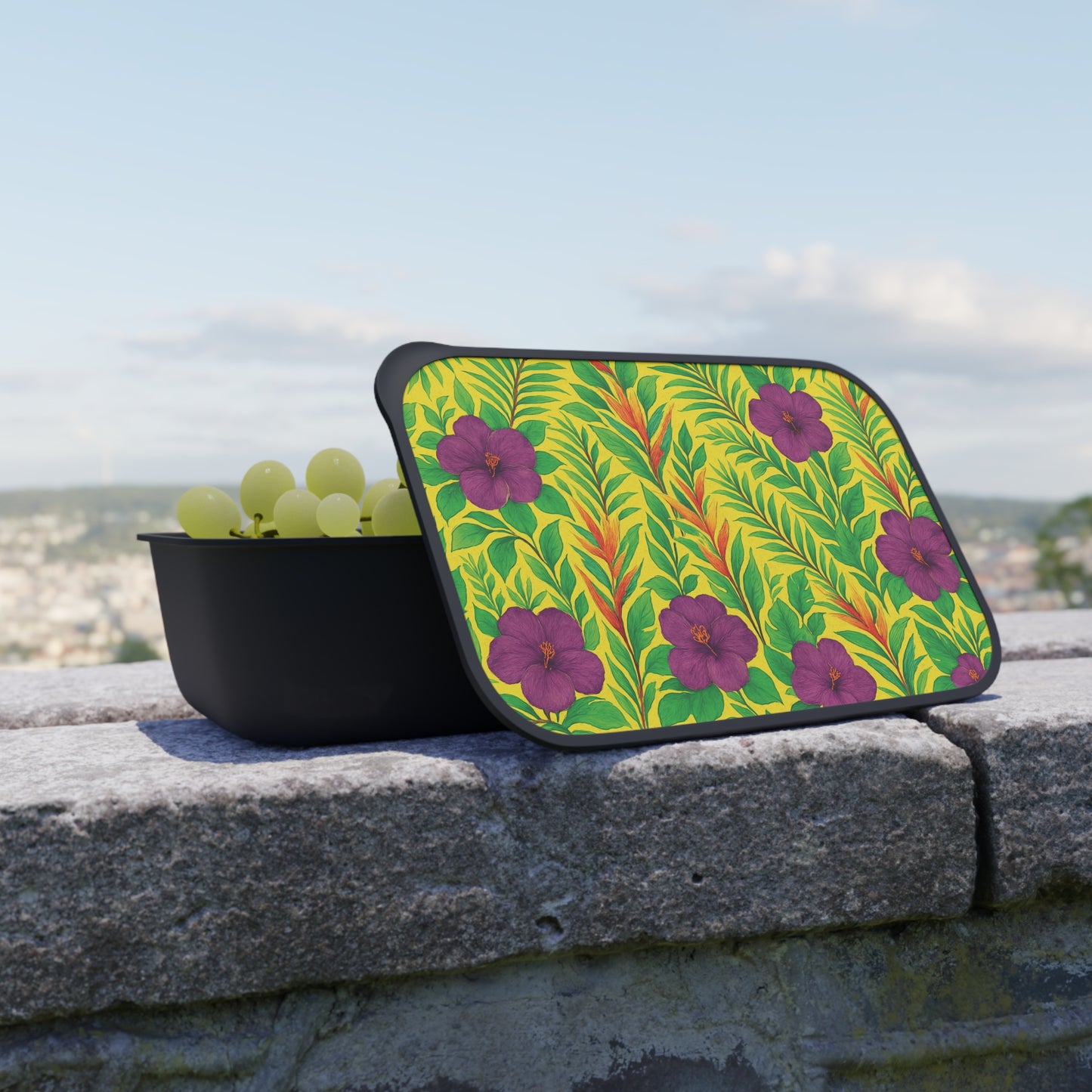 Bento Box with Utensils - Midnight Flower Yellow