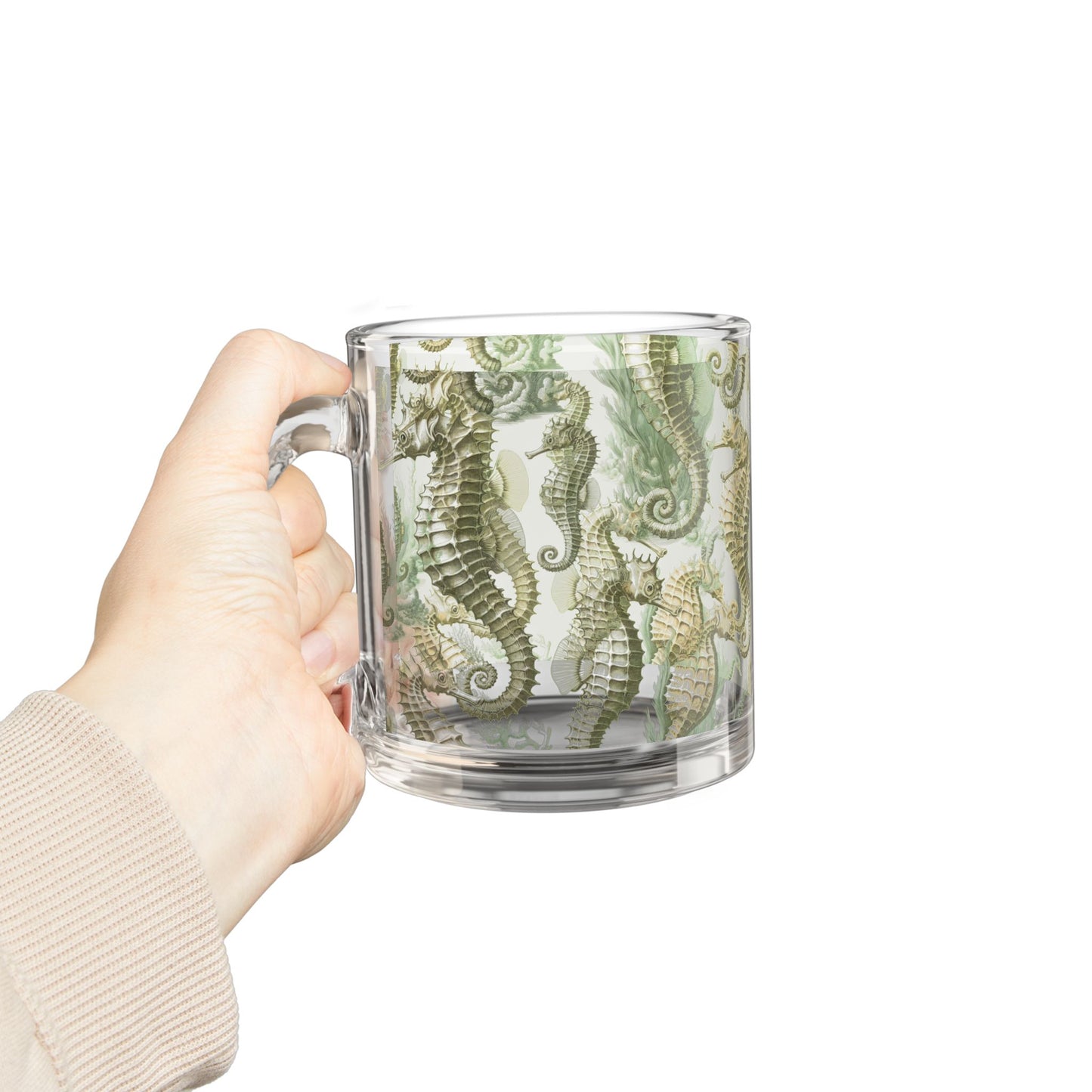 Tropical Glass Mug - 10oz Coffee Cup / Green Toile Seahorses