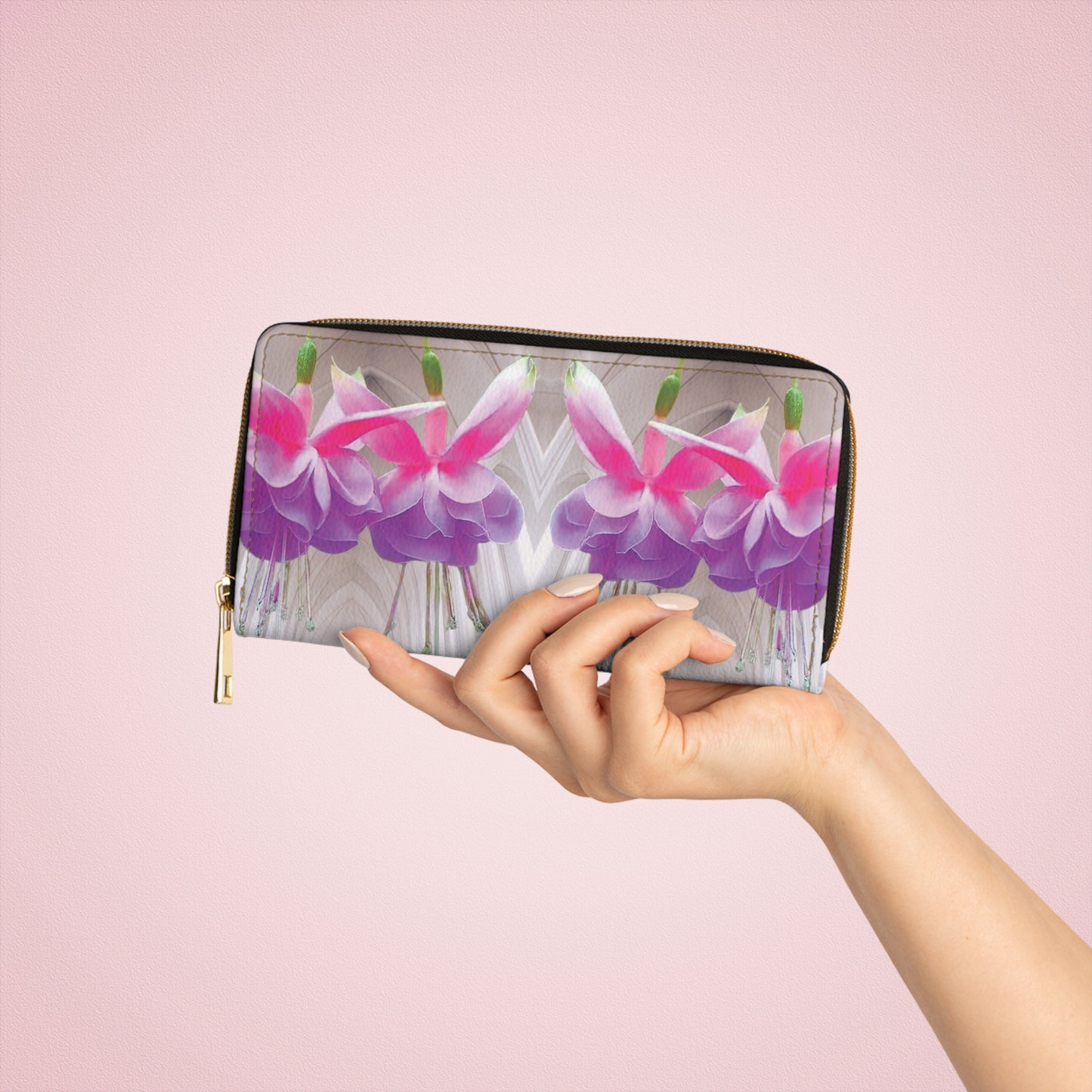 Tropical Zipper Wallet, Faux Leather / Vibrant Clutch / Kaeido Gothic Two Fuchsias