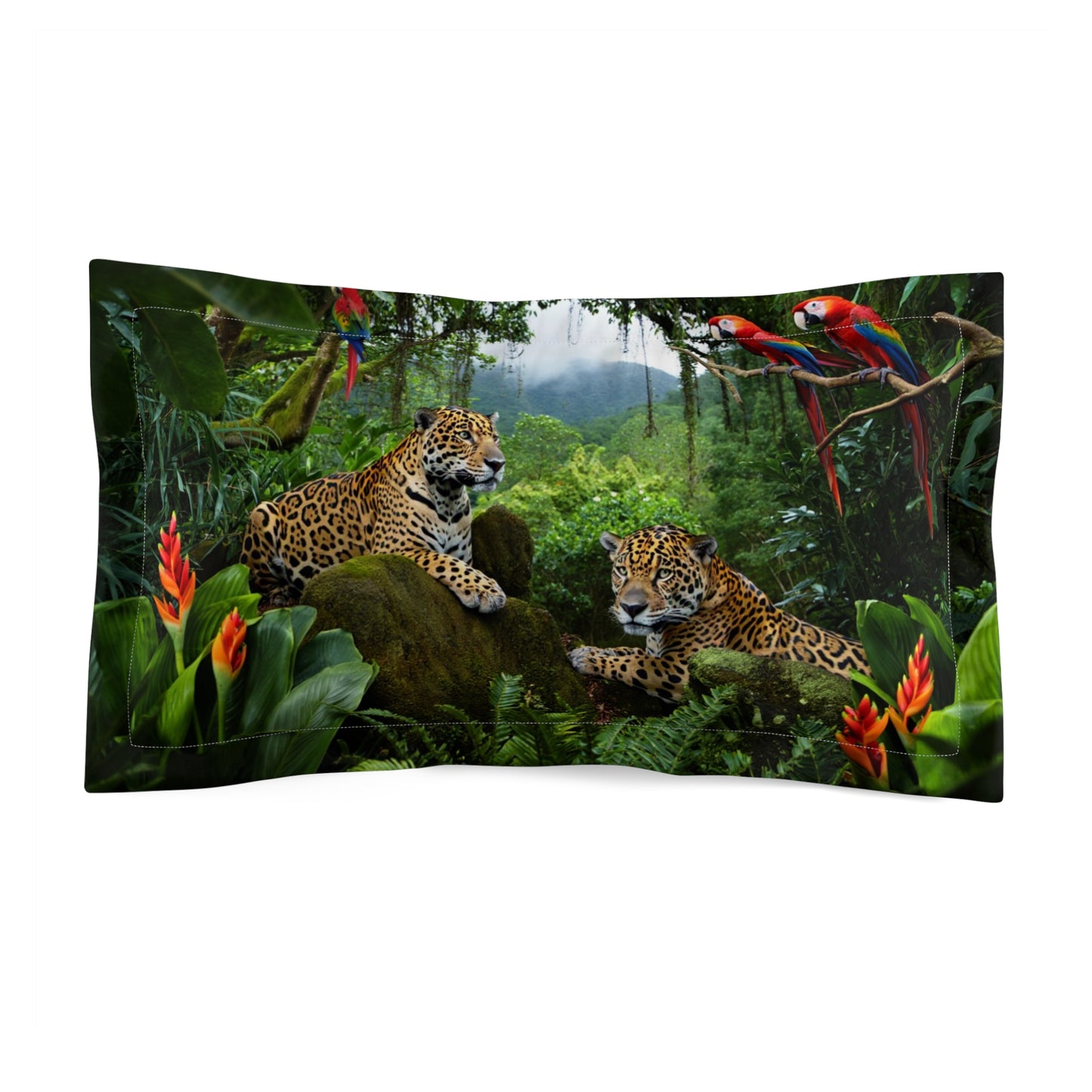 Microfiber Pillow Sham, 2 Sizes | Tropical Vibes for Relaxation / Jaguars and Parrots