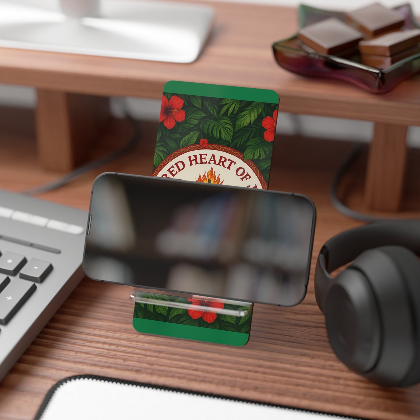 Religious Smartphone Display Stand with Sacred Heart of Jesus Prayer, Dark Green