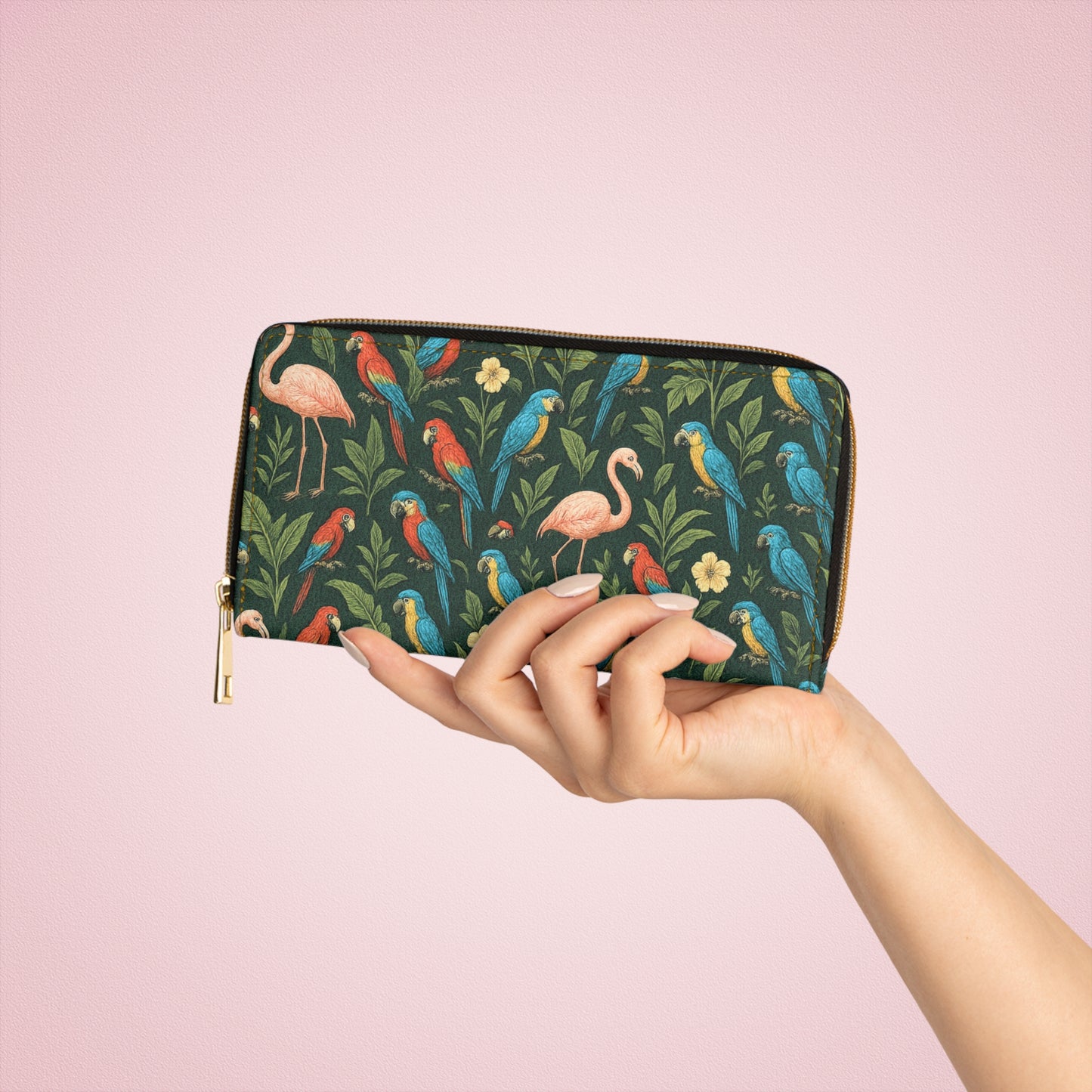 Tropical Zipper Wallet, Faux Leather / Vibrant Clutch / Flamingos and Parrots
