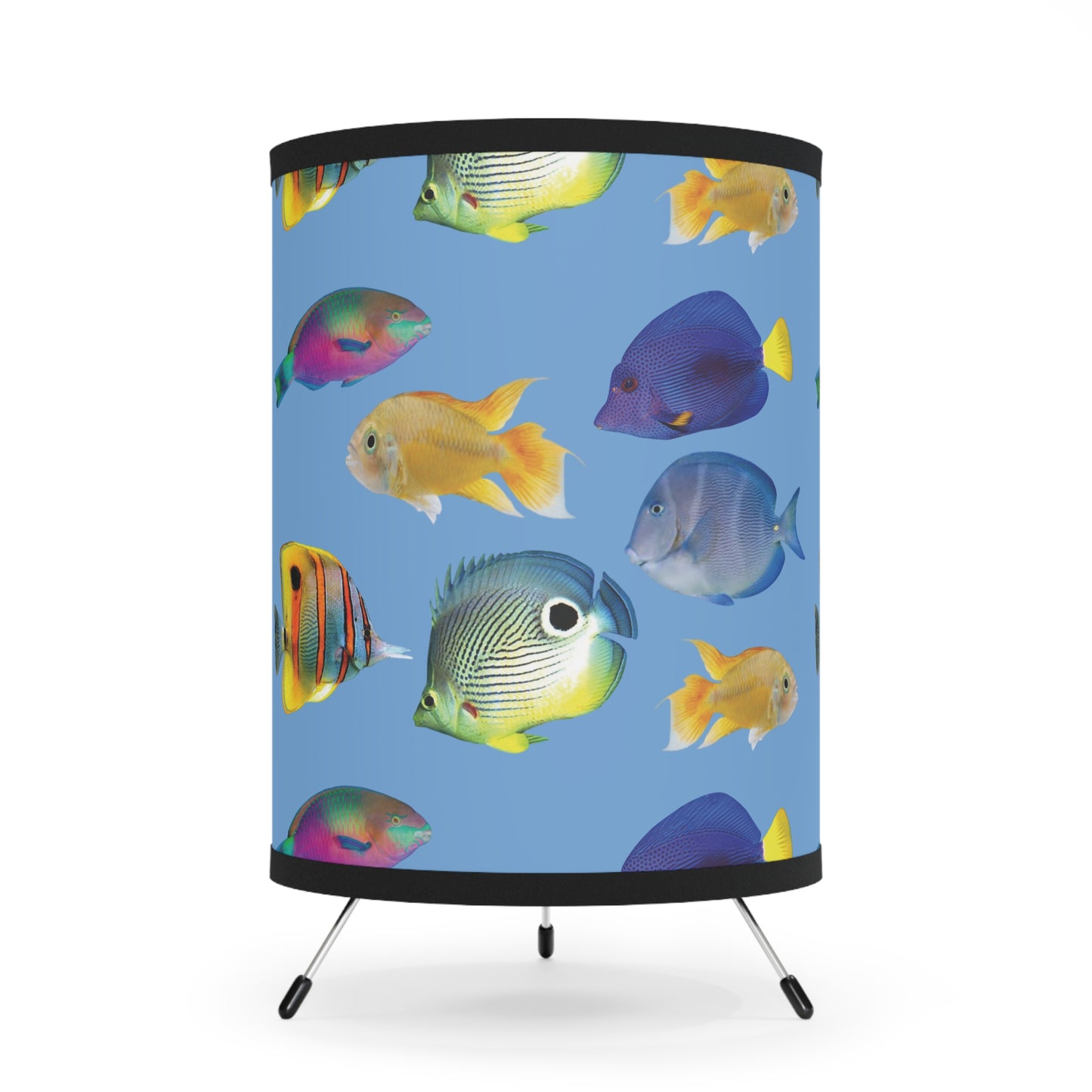 School of Fish/Blue Tripod Lamp with Artistic High-Res Shade - Perfect for Home Décor