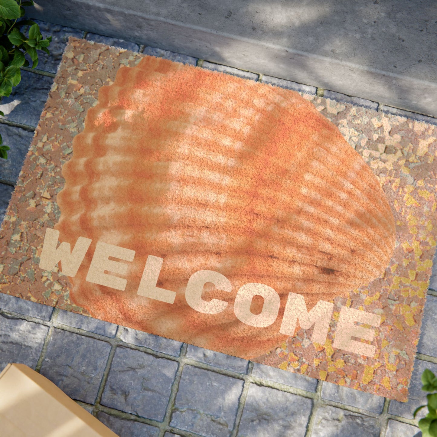 Tropical Shell Doormat - Vibrant Coconut Fiber Entrance Mat / WELCOME Disco Orange Scallop