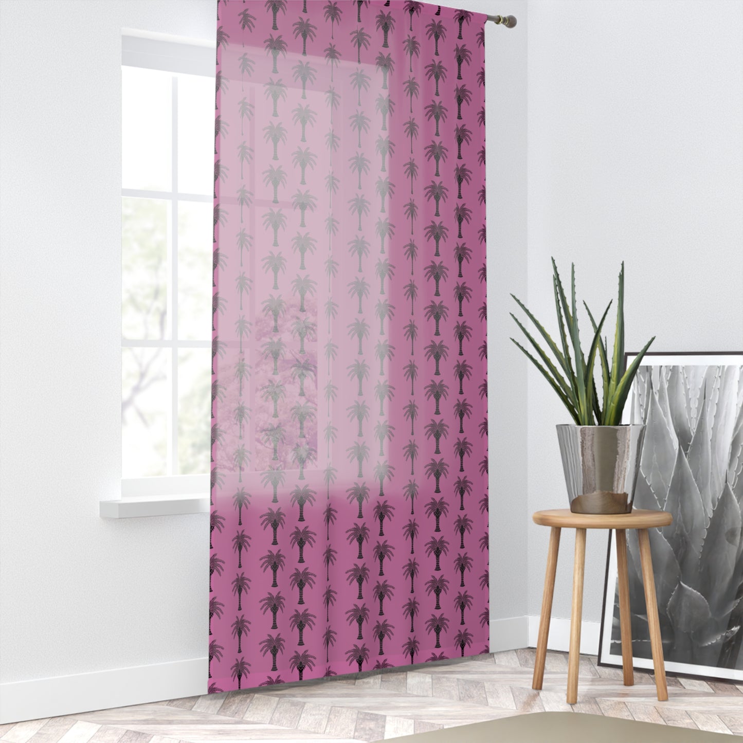 Deco Palm/Light Pink Semi-Transparent Window Curtain, 50" x 84" - Colorful Tropical Home Décor