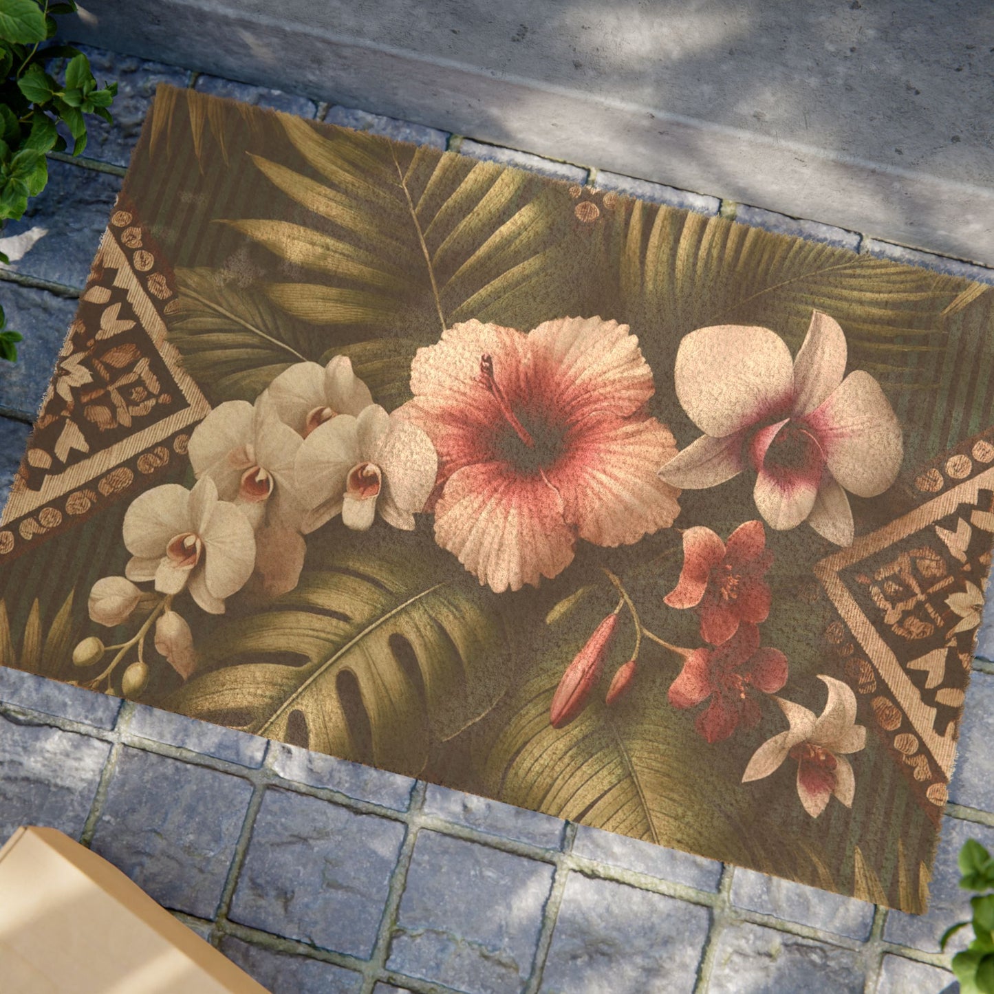 Tropical Palm Tree Door Mat - Vibrant Coconut Fiber Entrance Mat / Tiki Orchids