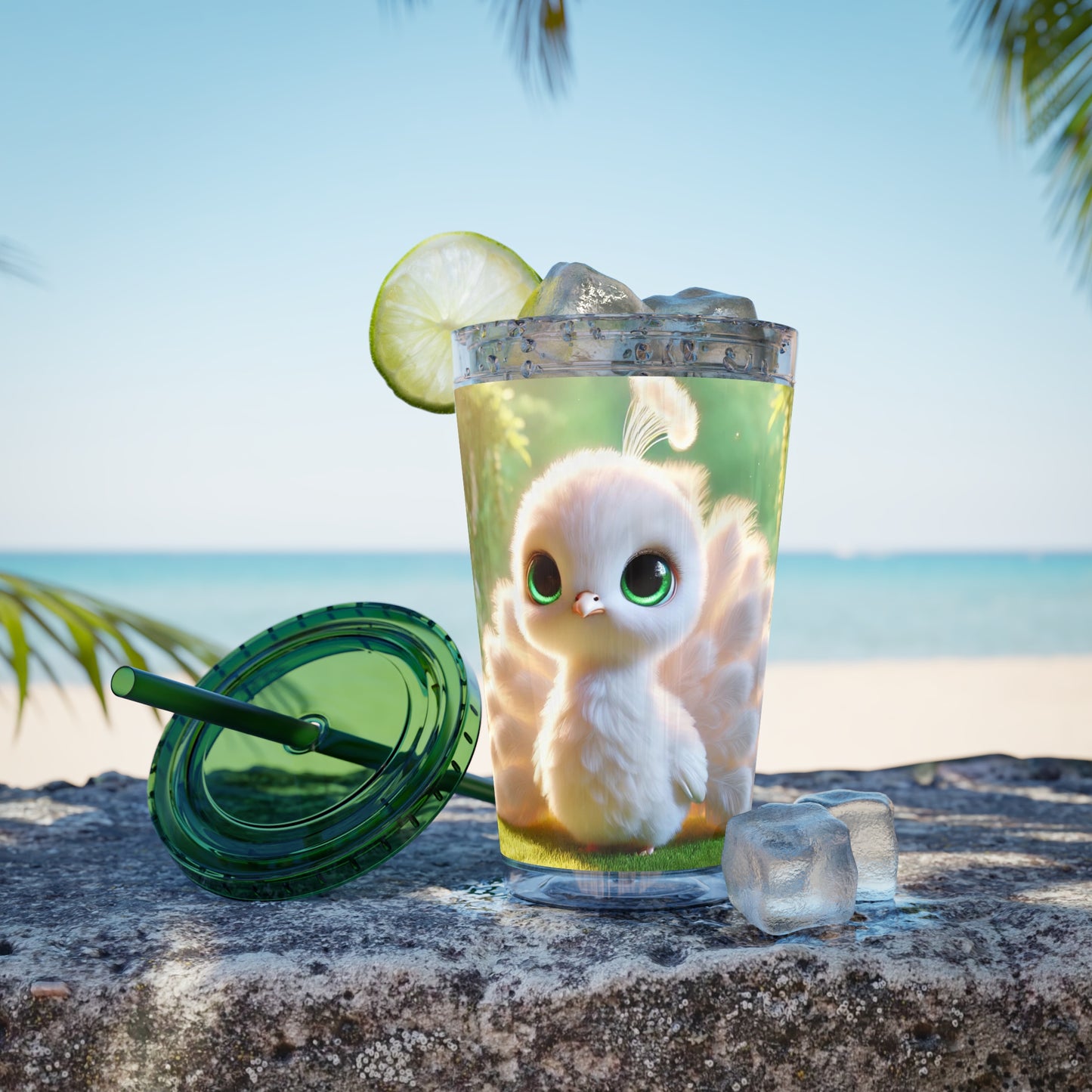 Tropical Tumbler with Straw | 16oz Colorful Travel Cup / Baby White Peacock