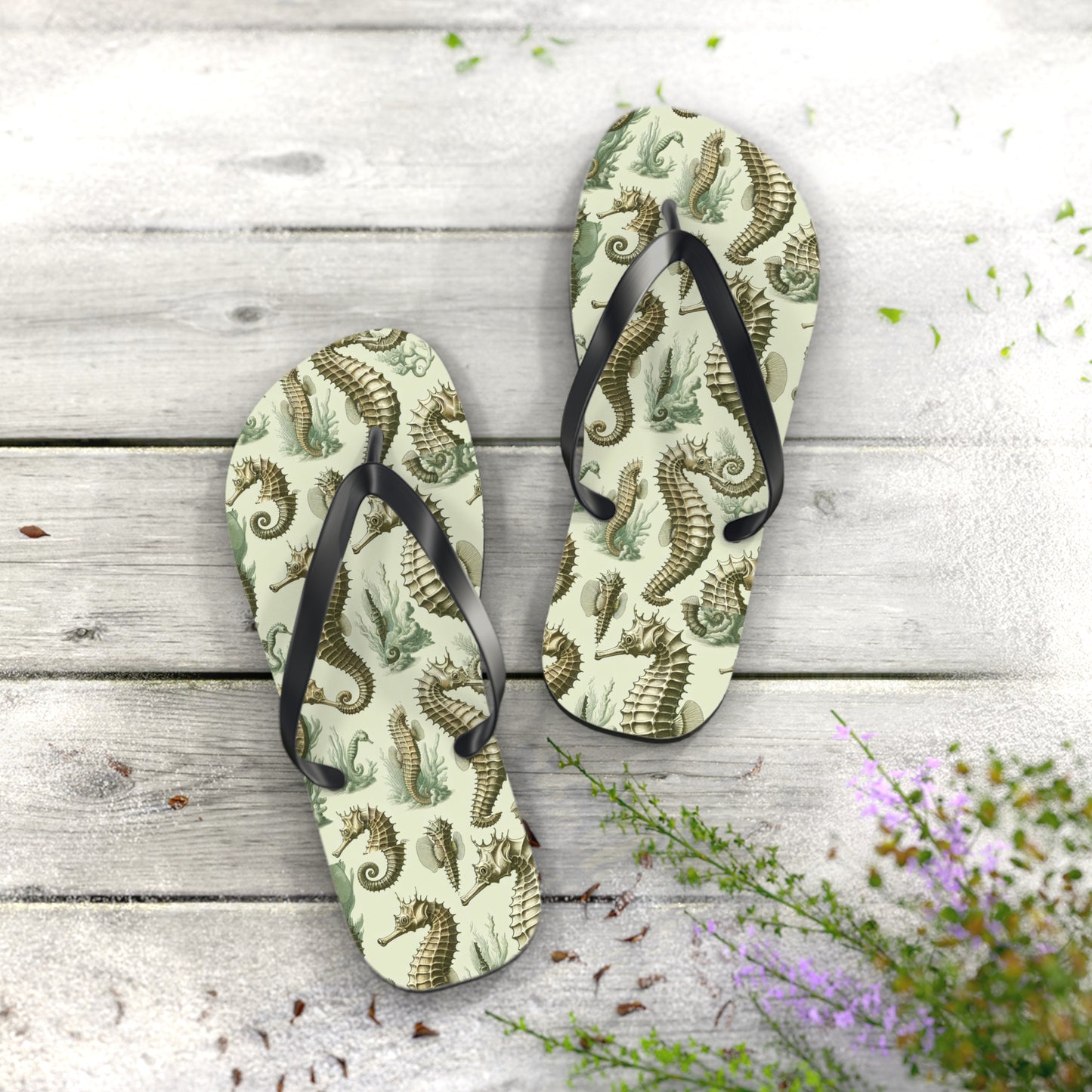 Flip Flops - Green Toile Seahorses