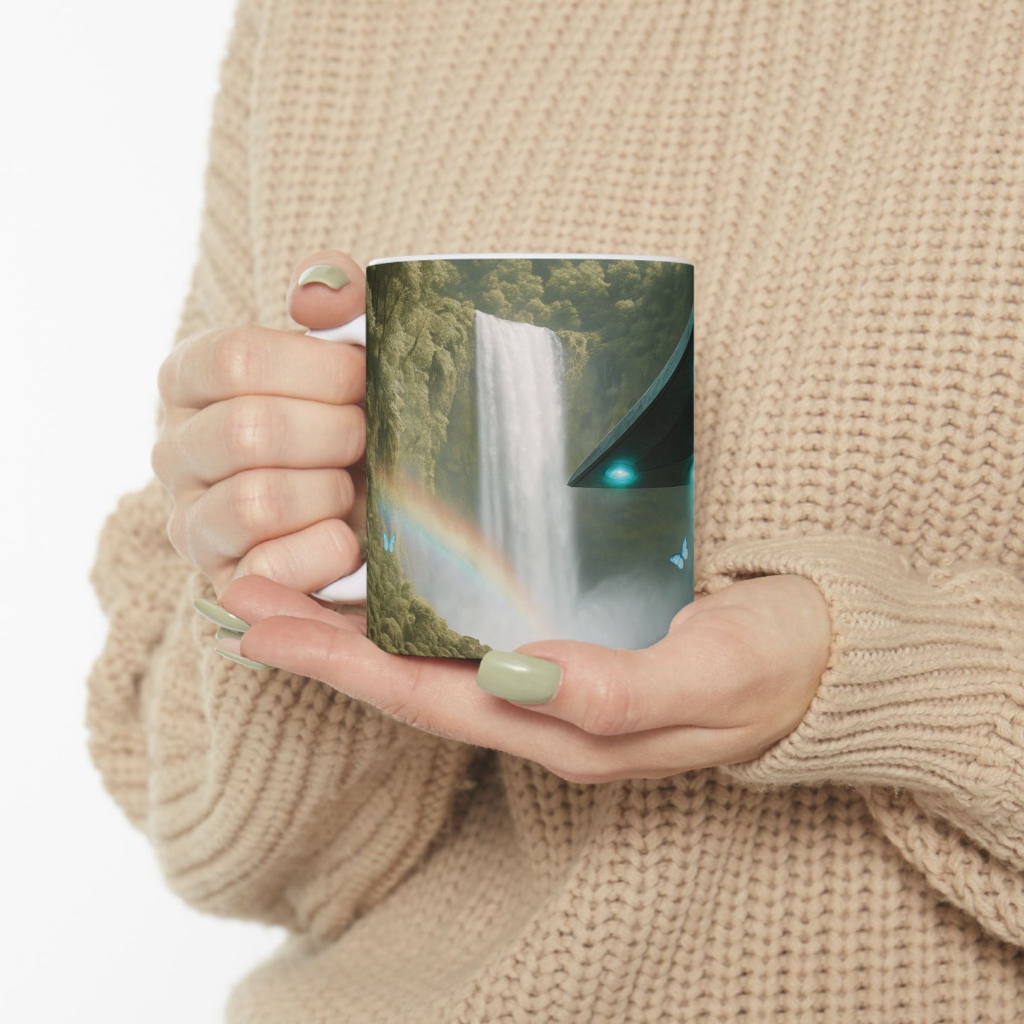 UFO and Waterfall Ceramic Mug - Colorful Coffee Cup for Morning Motivation