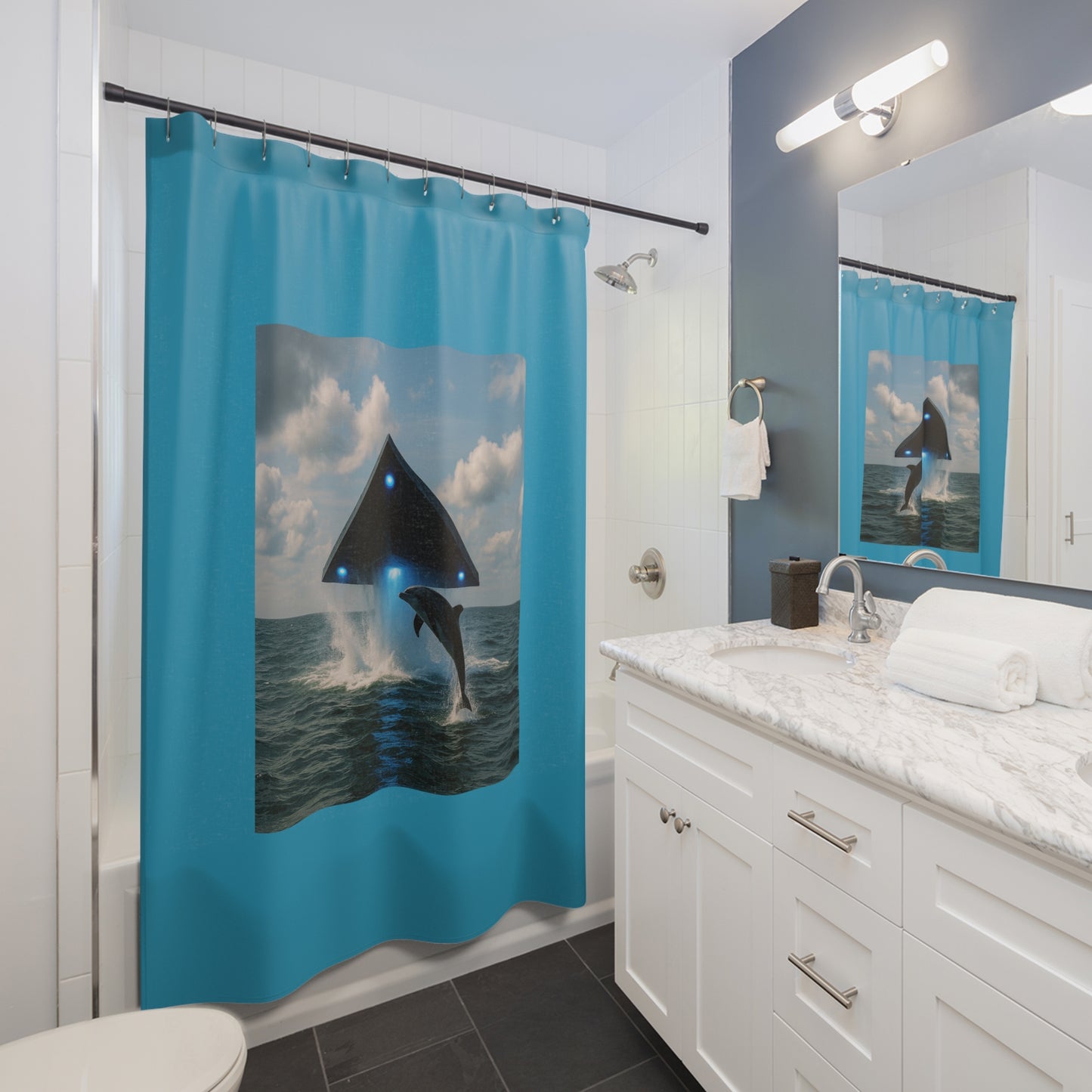 Tropical Shower Curtain - UFO and Dolphin, Turquoise / Ocean Decor