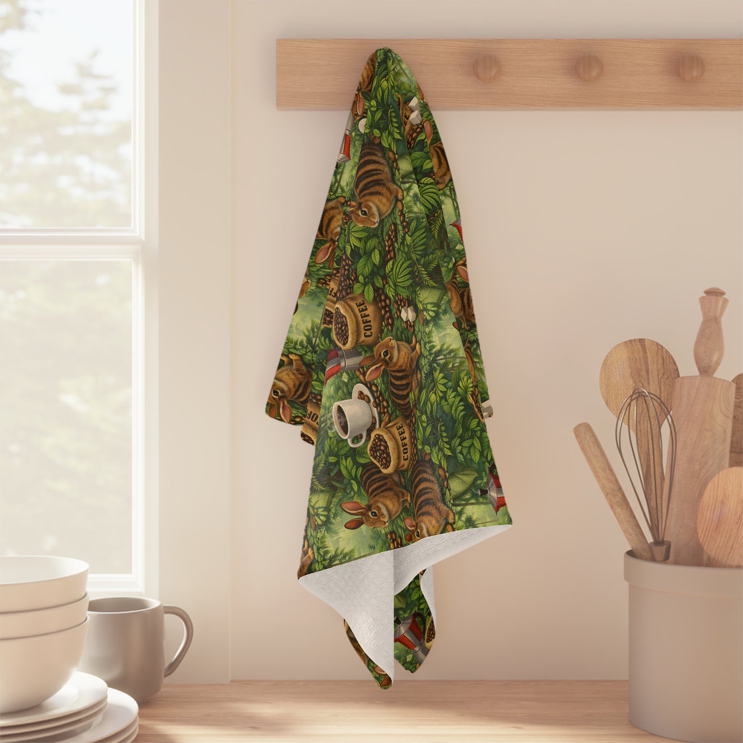 Tropical Microfiber Coffee/Tea Towel – Sumatran Rainforest Rabbits & Coffee