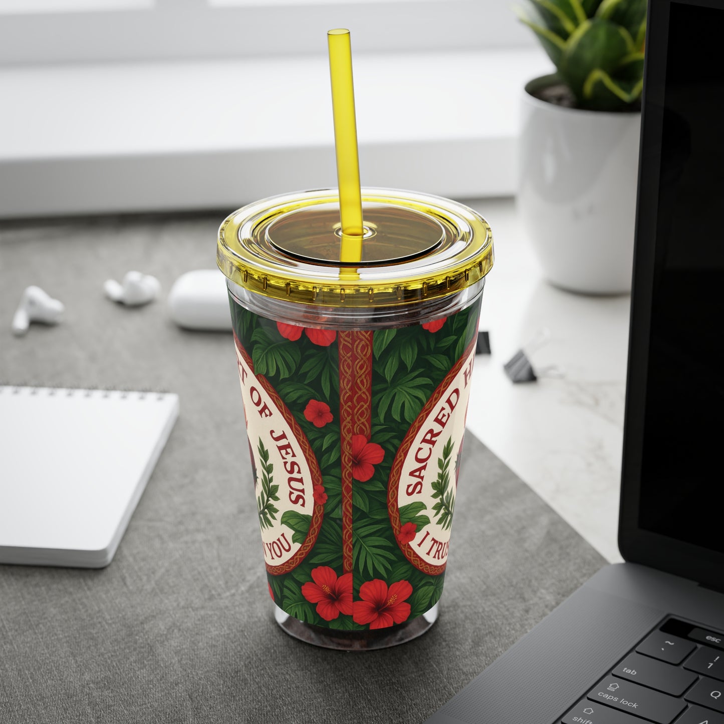Religious Tropical Tumbler with Straw | 16oz Colorful Travel Cup / Sacred Heart of Jesus Prayer