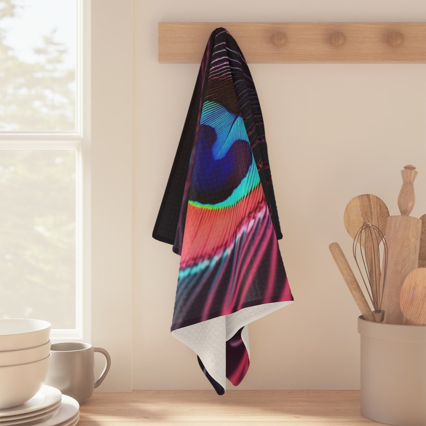 Microfiber Coffee/Tea Towel — Peacock Feather, Ruby Glow