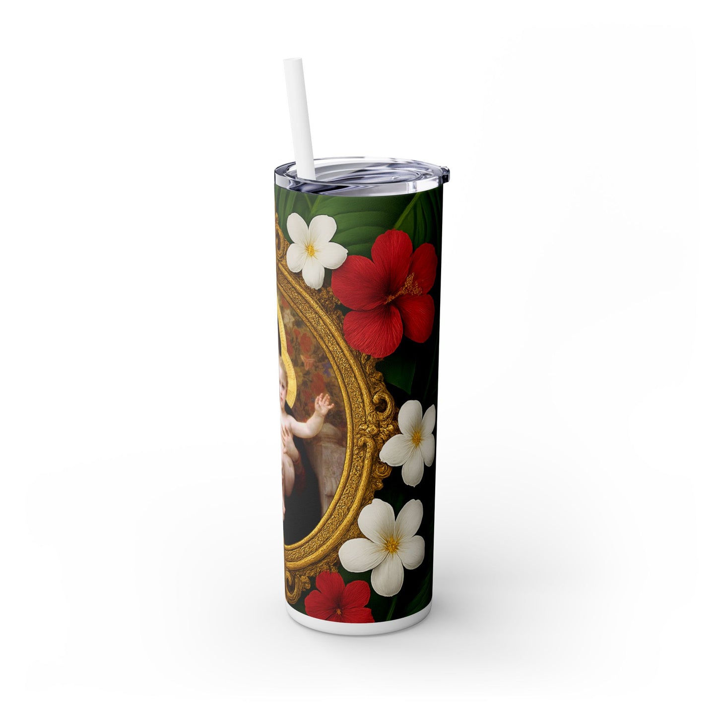 Religious Skinny Matte Tumbler with Straw - 20oz Tropical Vibes / Virgin of the Lilies
