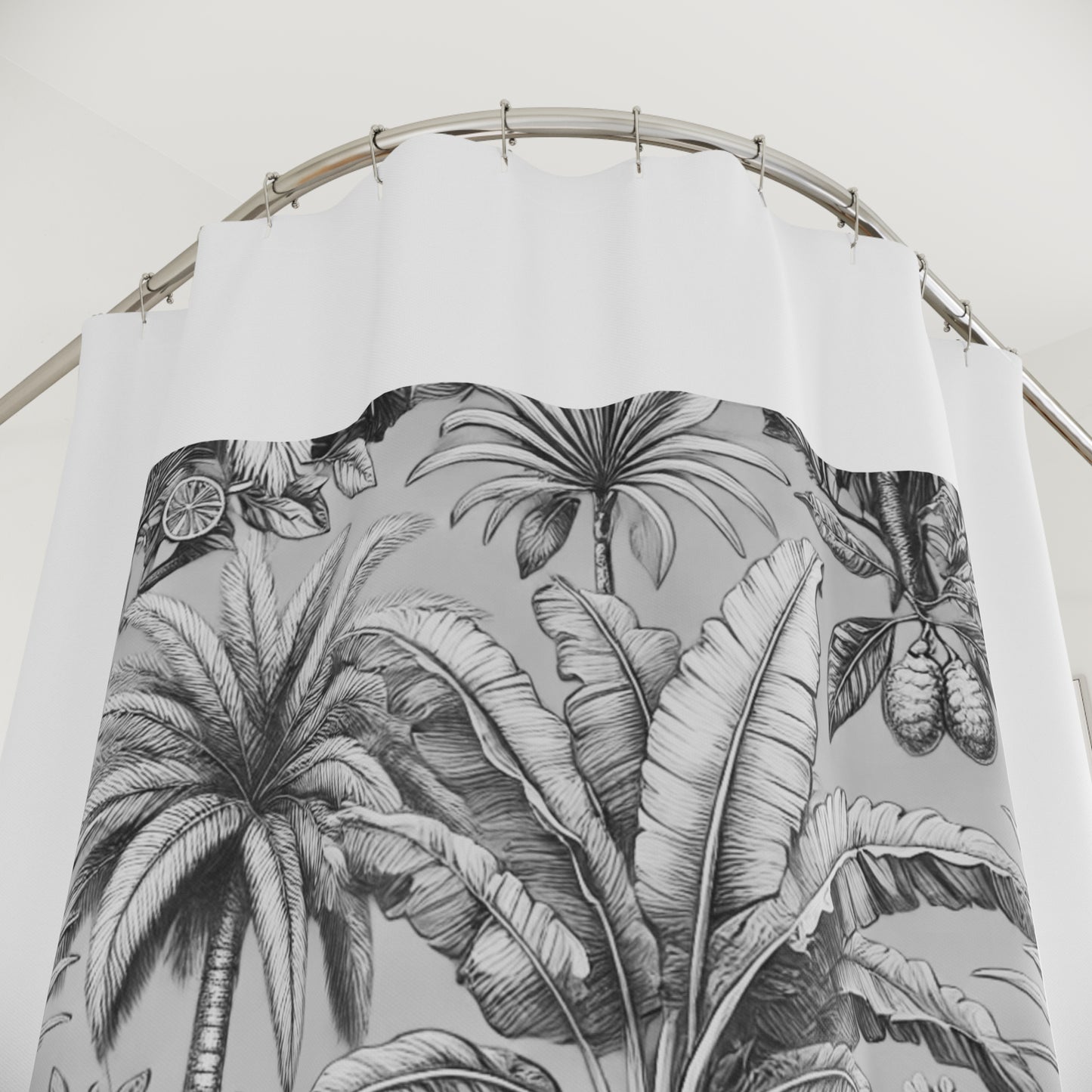 Palm Tree Shower Curtain - Ocean Bathroom Decor / Tropical Fruit/Newspaper, White